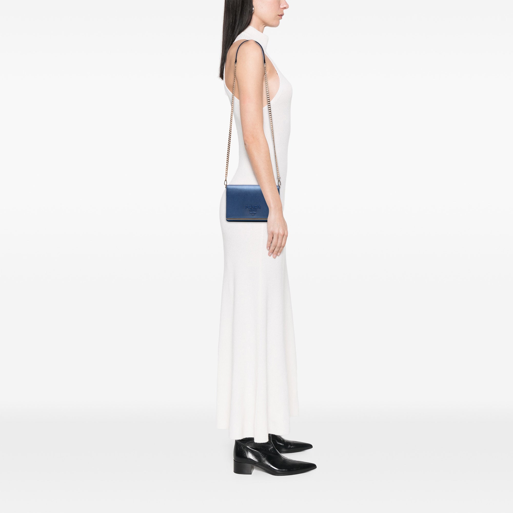 Saffiano Lux Metal Bar Chain Crossbody
