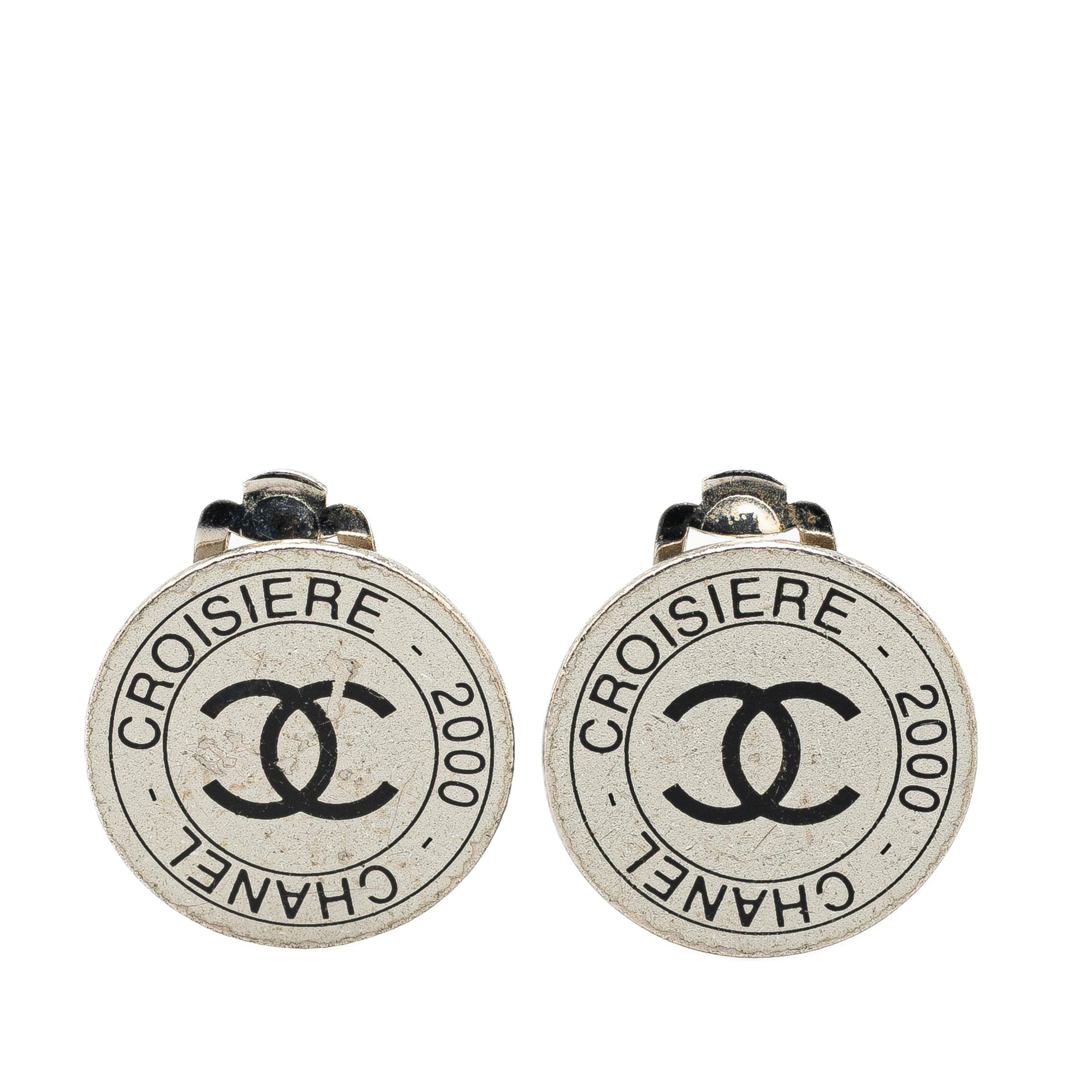 Silver Cruise CC Logo Disc Clip on Earrings