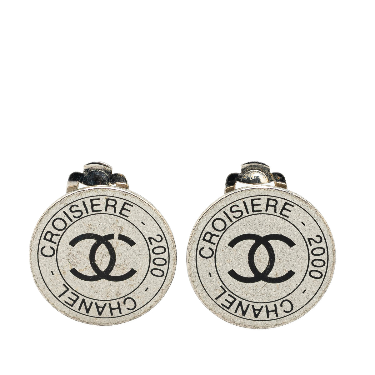 Silver Cruise CC Logo Disc Clip on Earrings