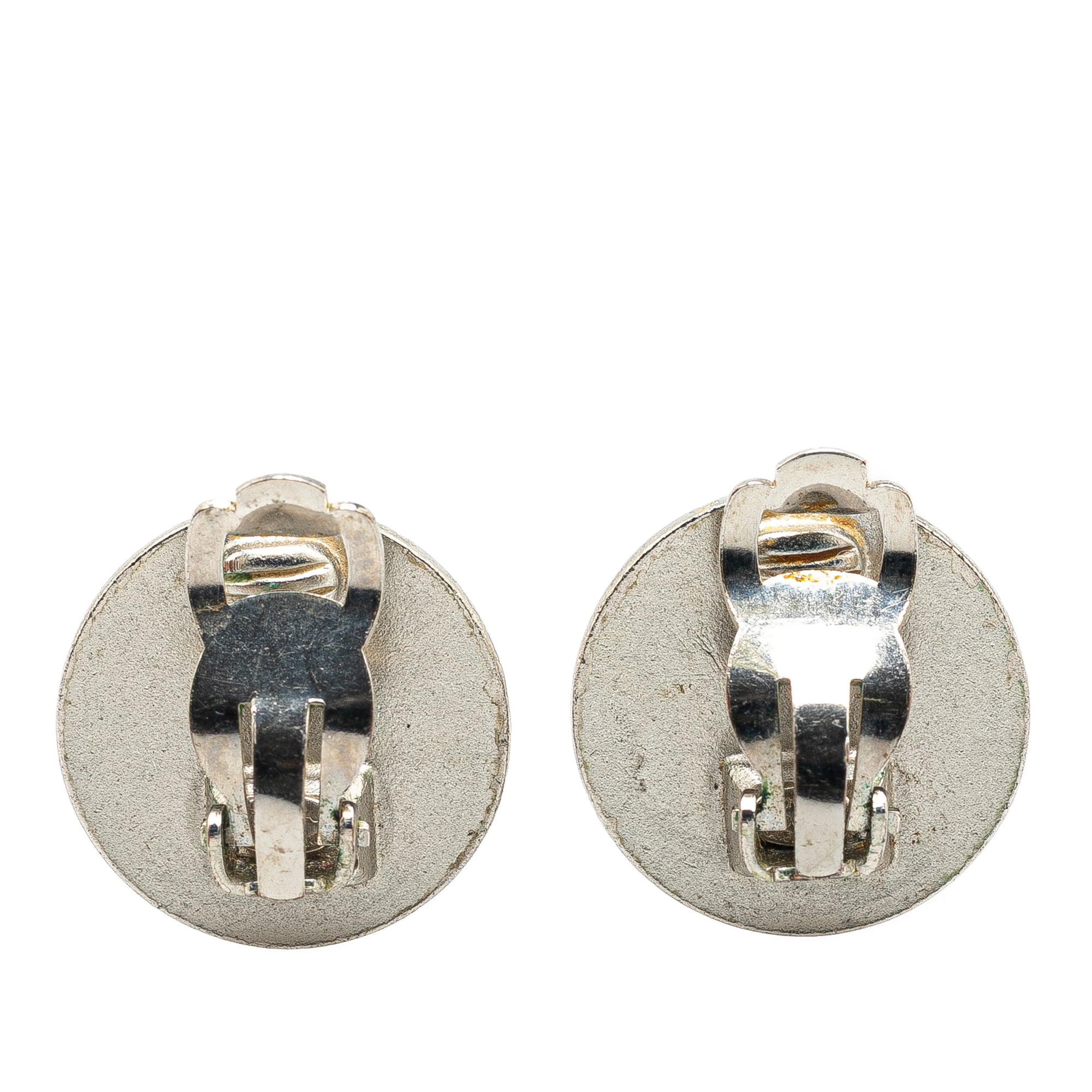 Silver Cruise CC Logo Disc Clip on Earrings