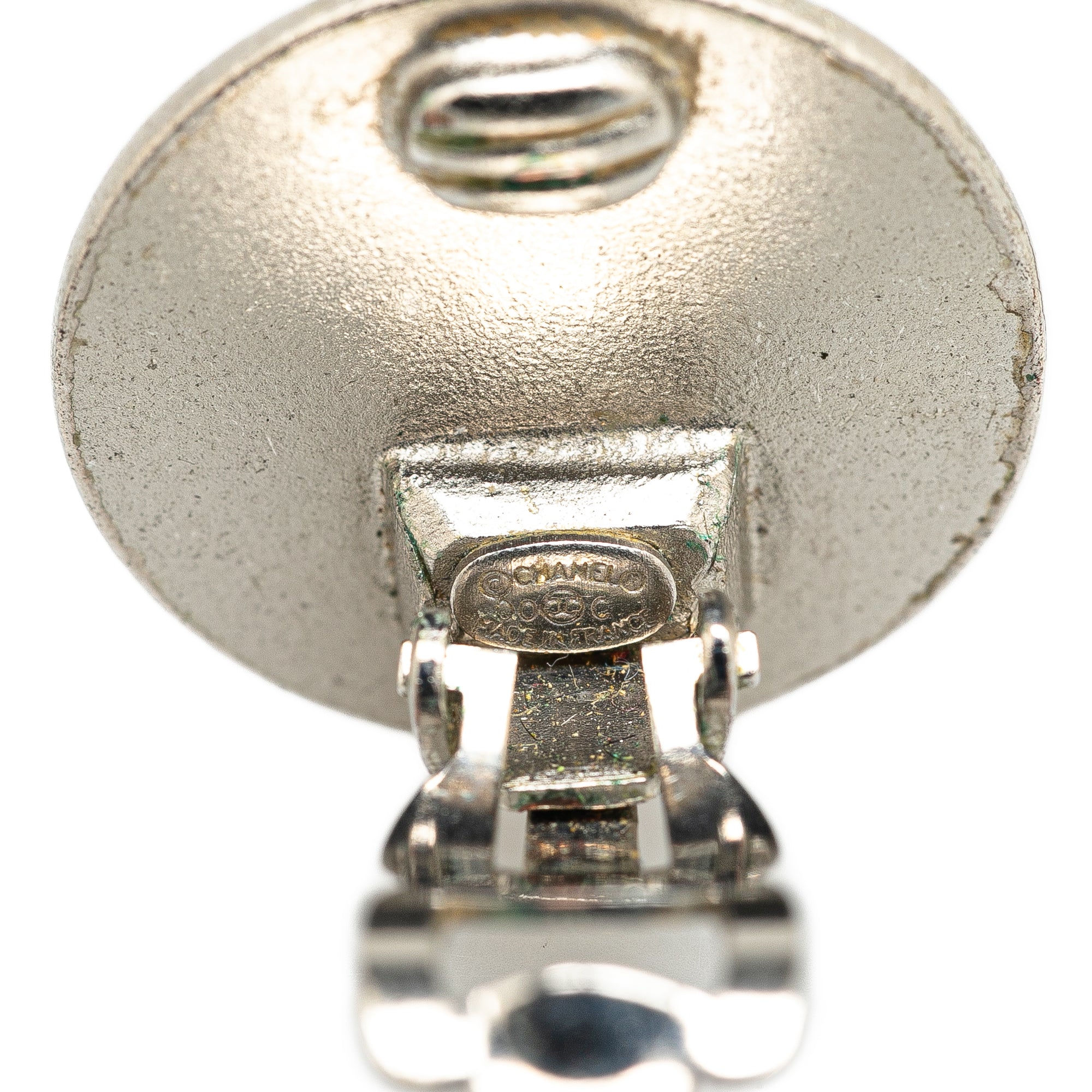 Silver Cruise CC Logo Disc Clip on Earrings