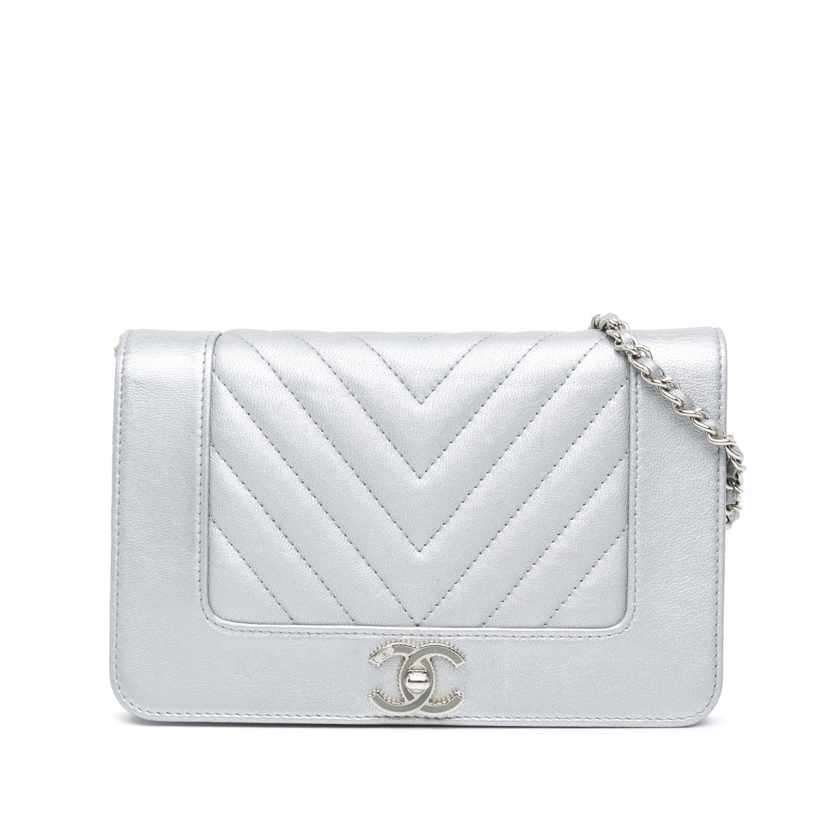 Chevron Quilted Metallic Lambskin Mademoiselle Wallet On Chain