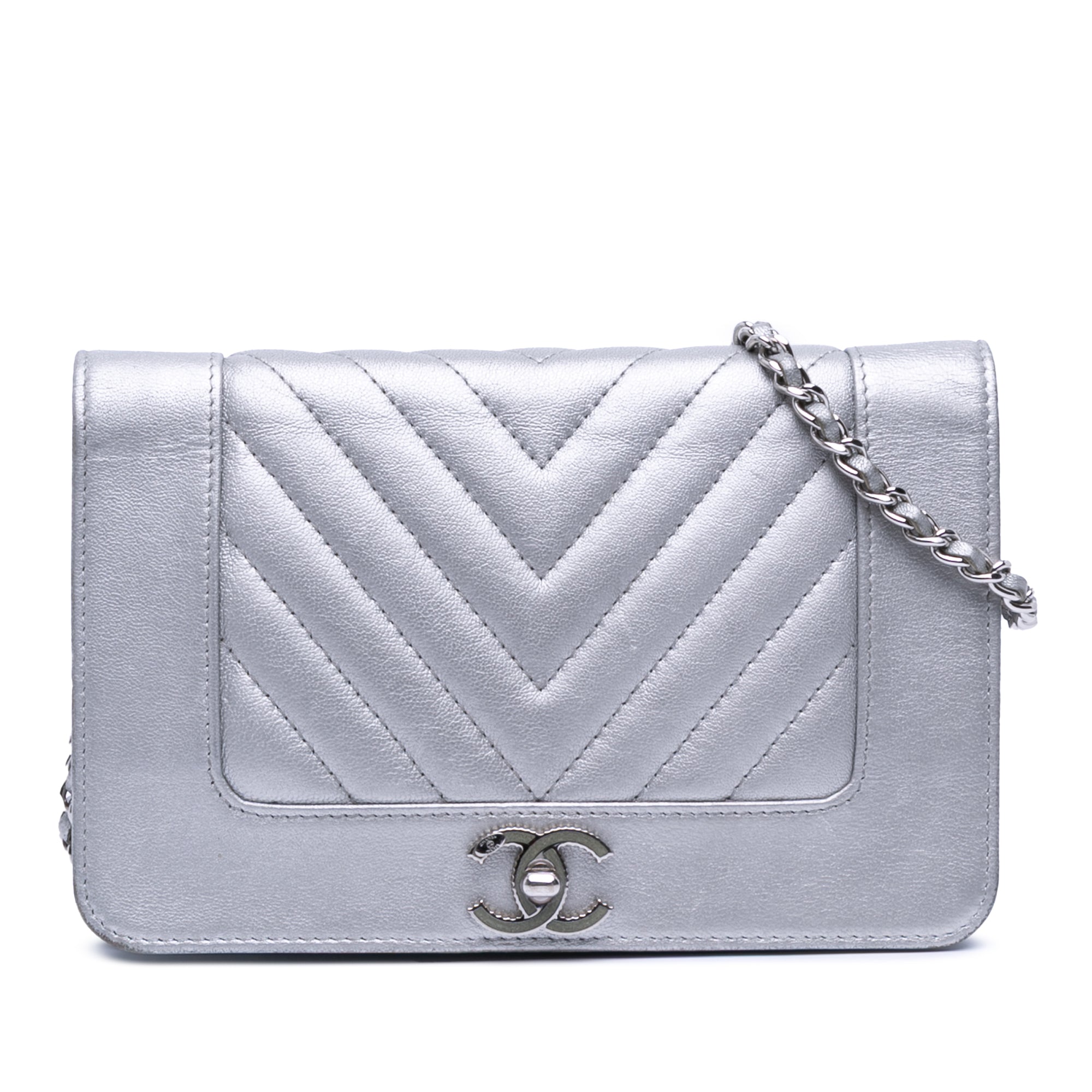 Chevron Quilted Metallic Lambskin Mademoiselle Wallet On Chain