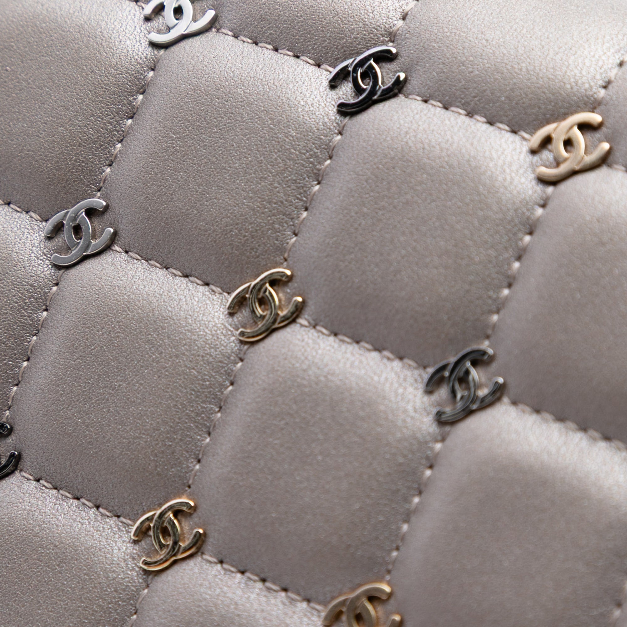 Small Lambskin Chocolate Bar CC Piercing Studded Chain Flap