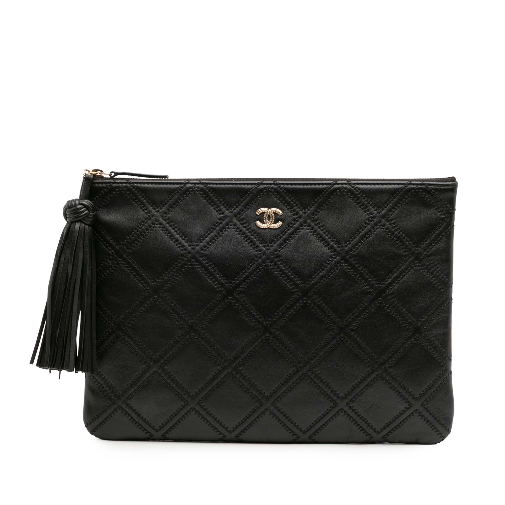 Medium Quilted Lambskin Double Stitch Tassel O Case Clutch