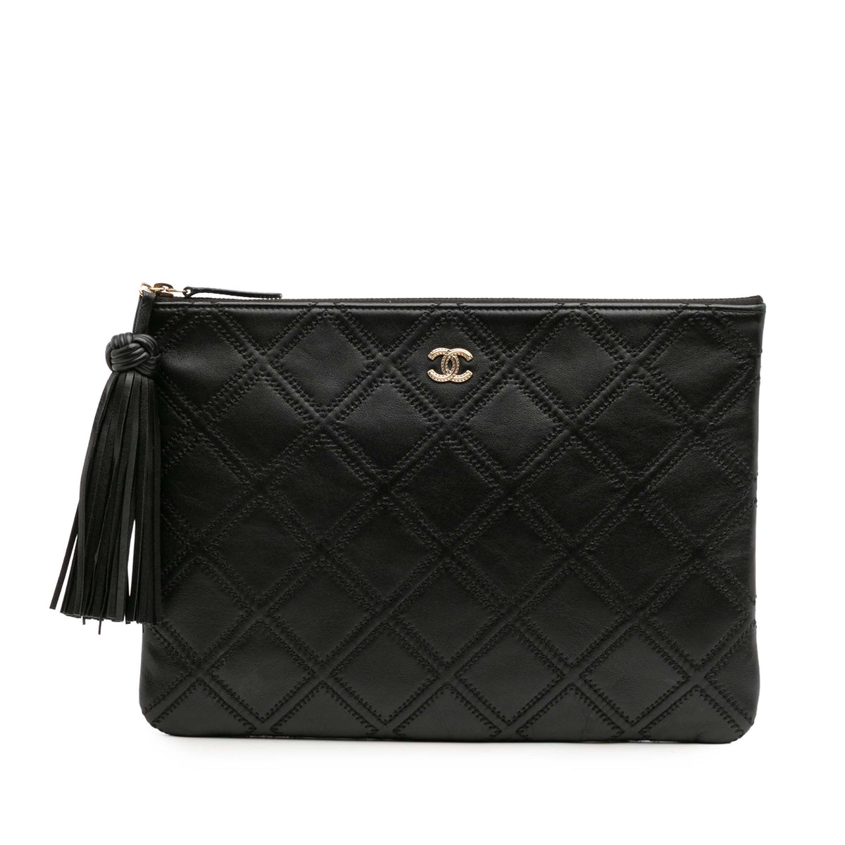 Medium Quilted Lambskin Double Stitch Tassel O Case Clutch