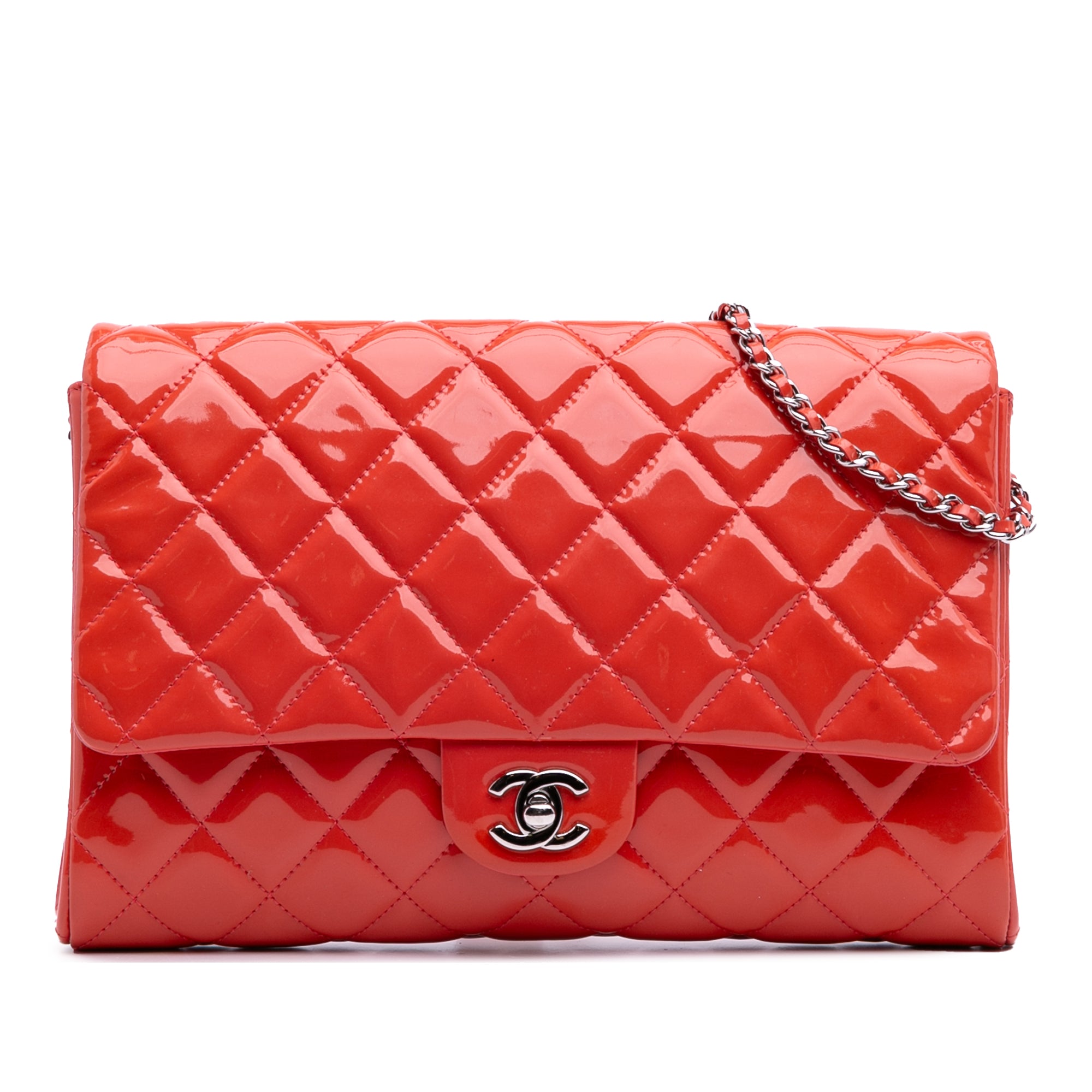 CC Quilted Patent Clutch with Chain