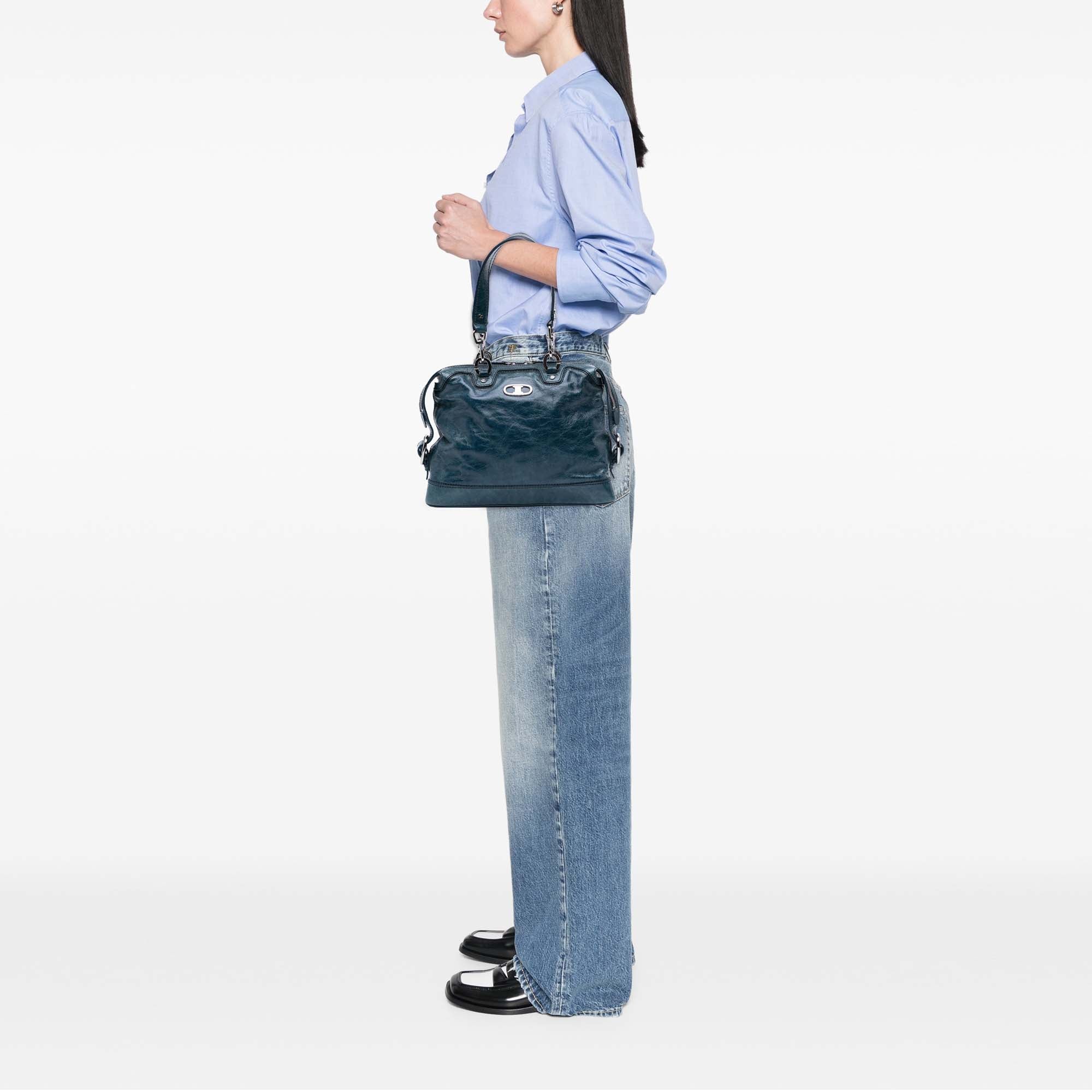Crinkled Patent Macadam Shoulder Bag