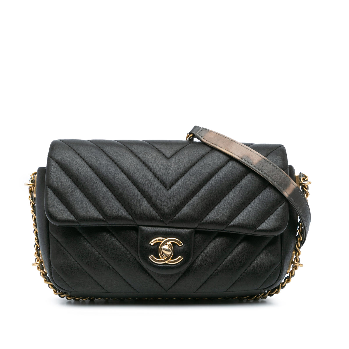 Mini Rectangular Chevron Lambskin Chain Around Flap