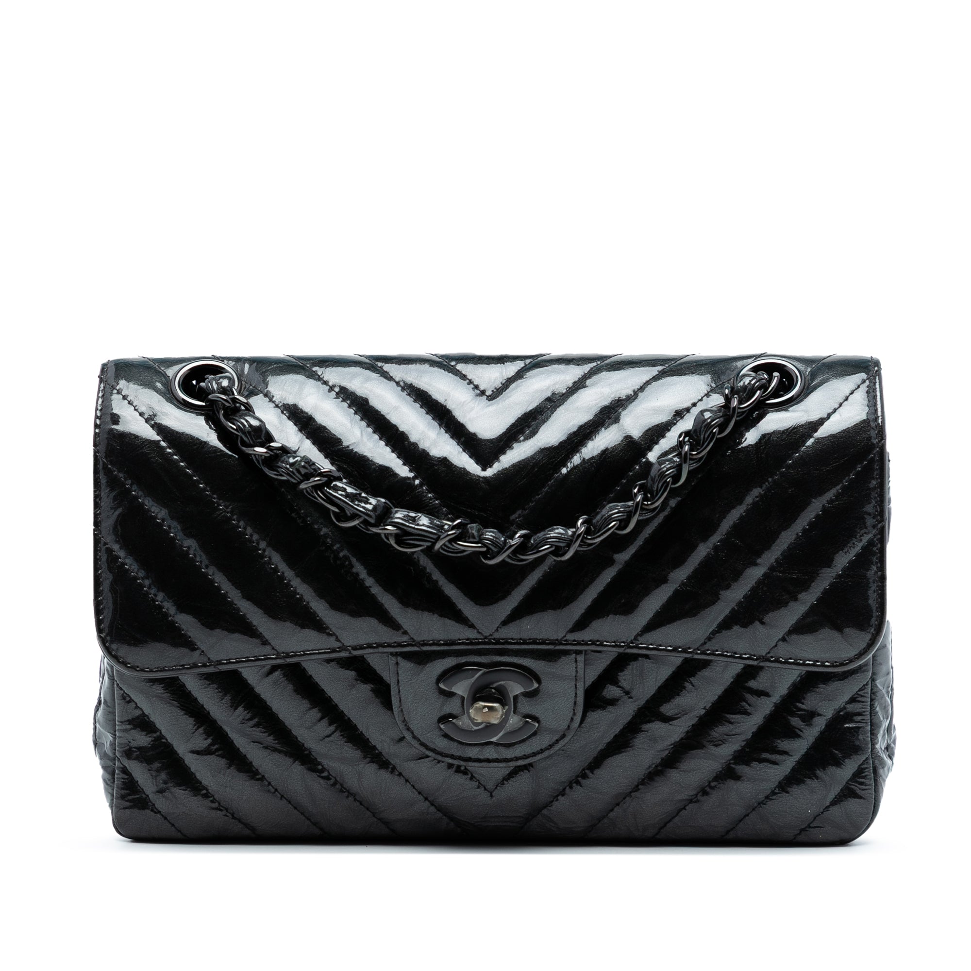 Small Classic Chevron Patent So Black Double Flap