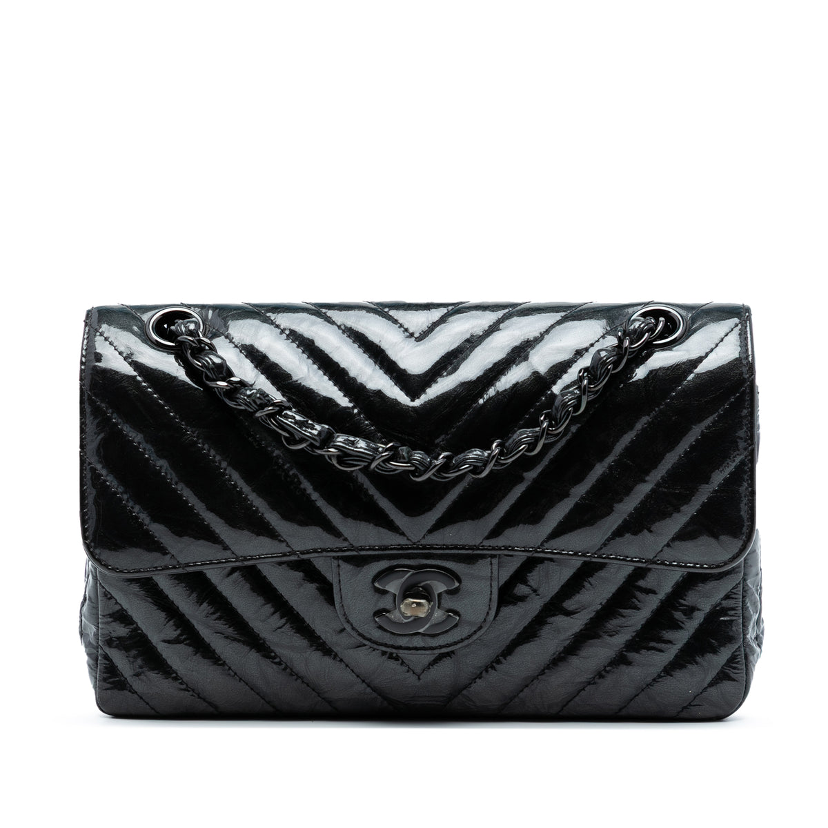 Small Classic Chevron Patent So Black Double Flap