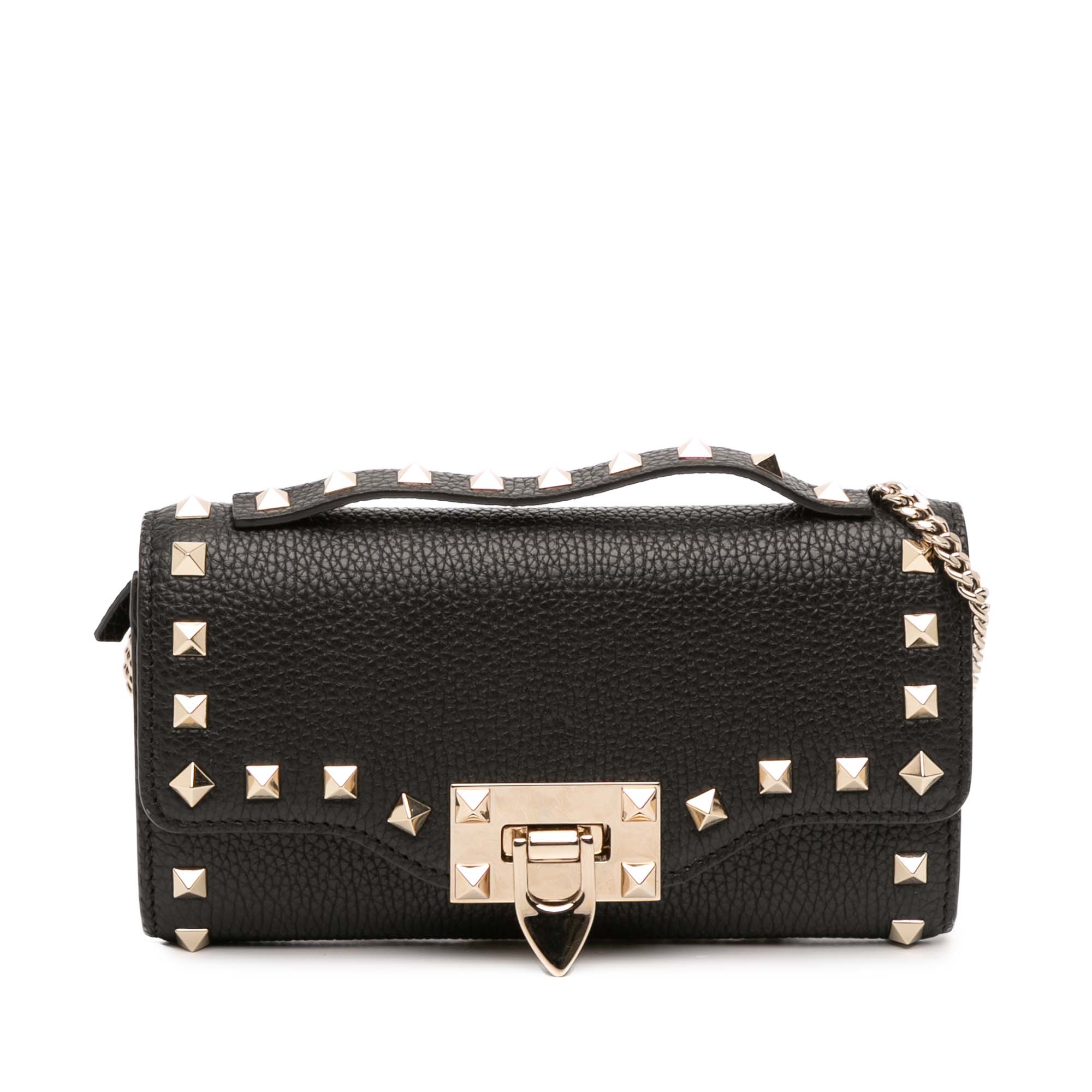 Pebbled Calfskin Rockstud Flip Lock Wallet On Chain