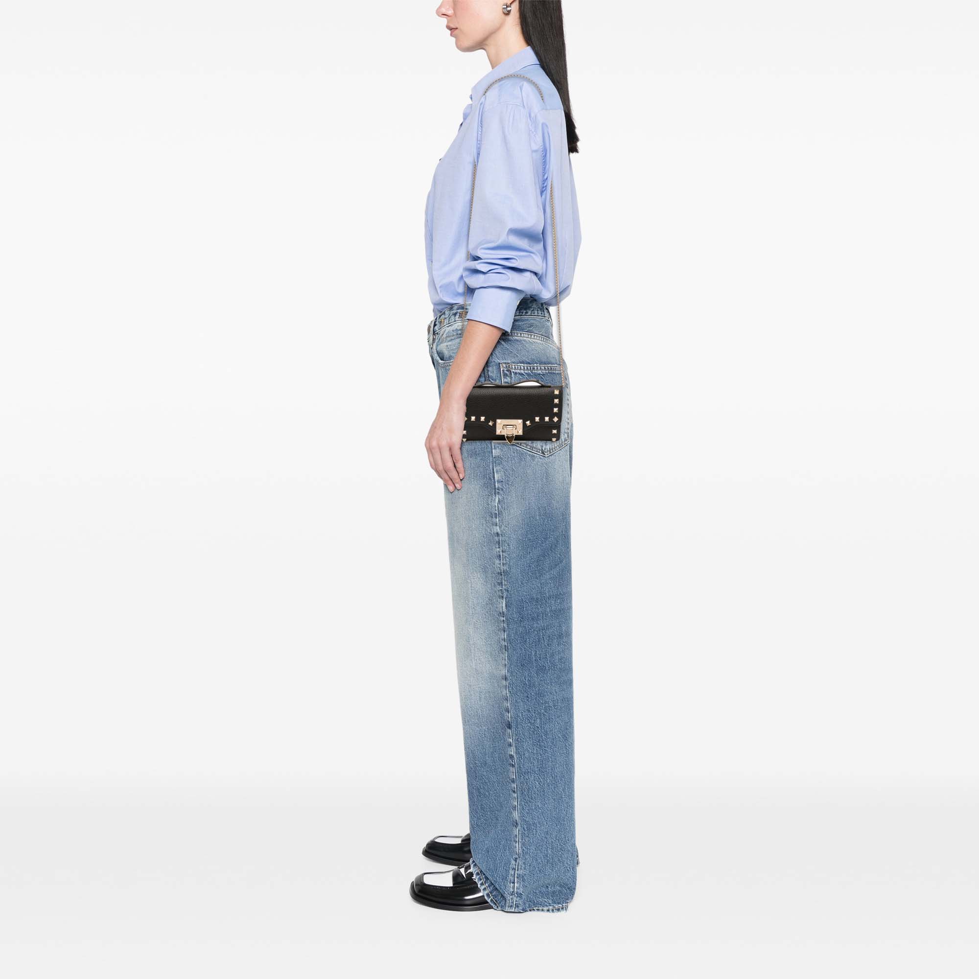 Pebbled Calfskin Rockstud Flip Lock Wallet On Chain