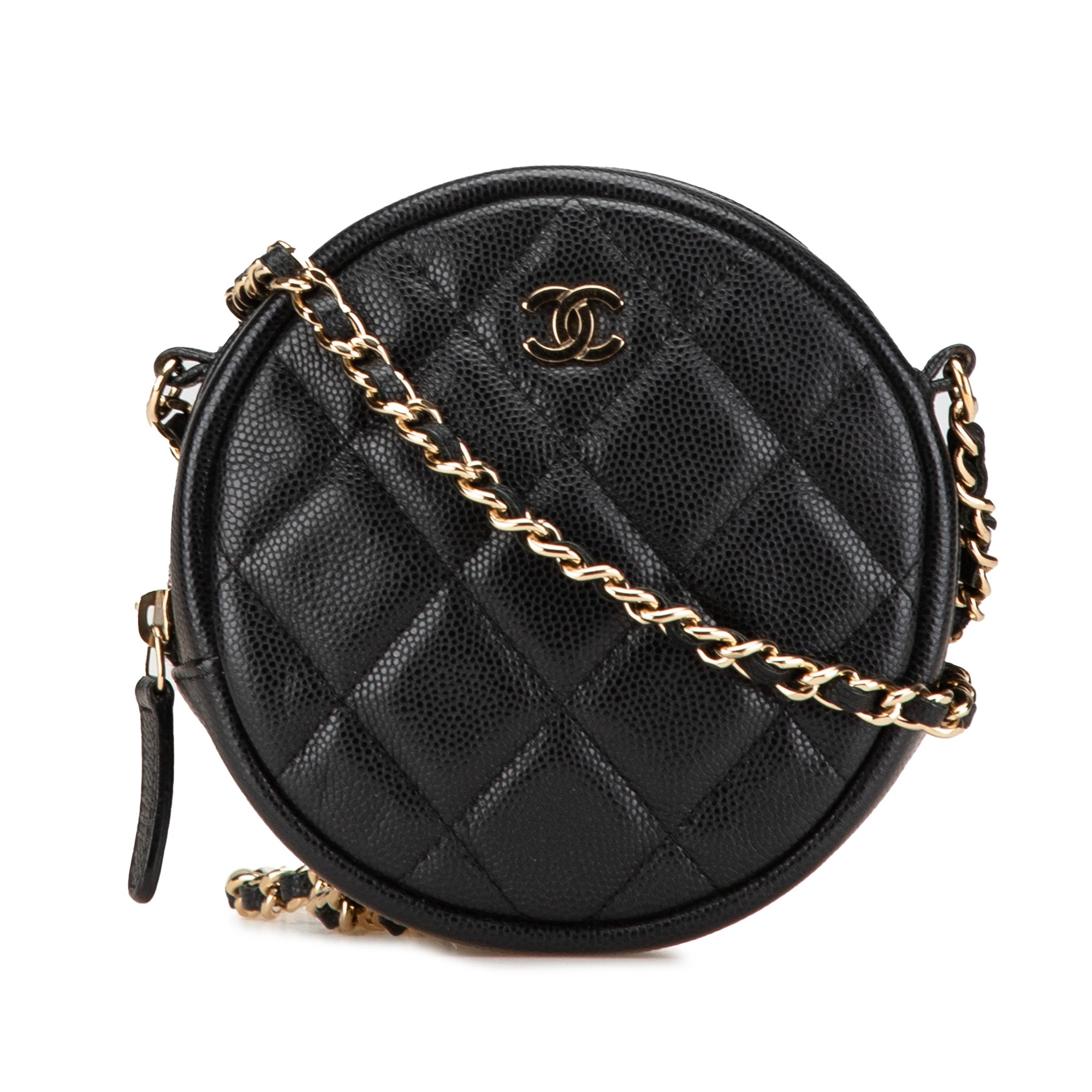 CC Quilted Caviar Round Clutch With Chain