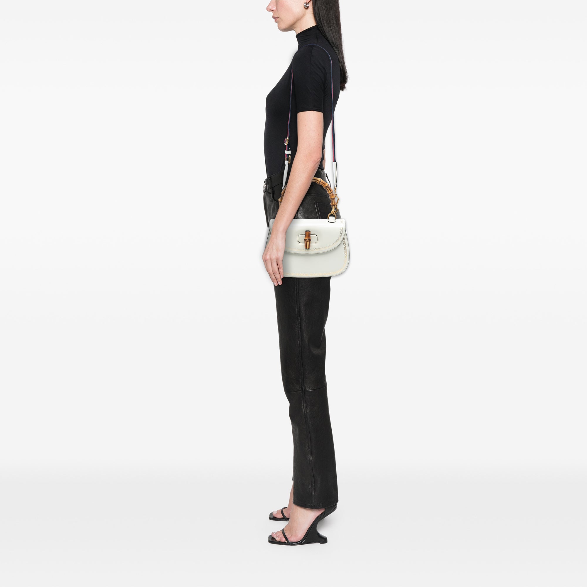 Calfskin Frame Print Bamboo Top Handle Bag