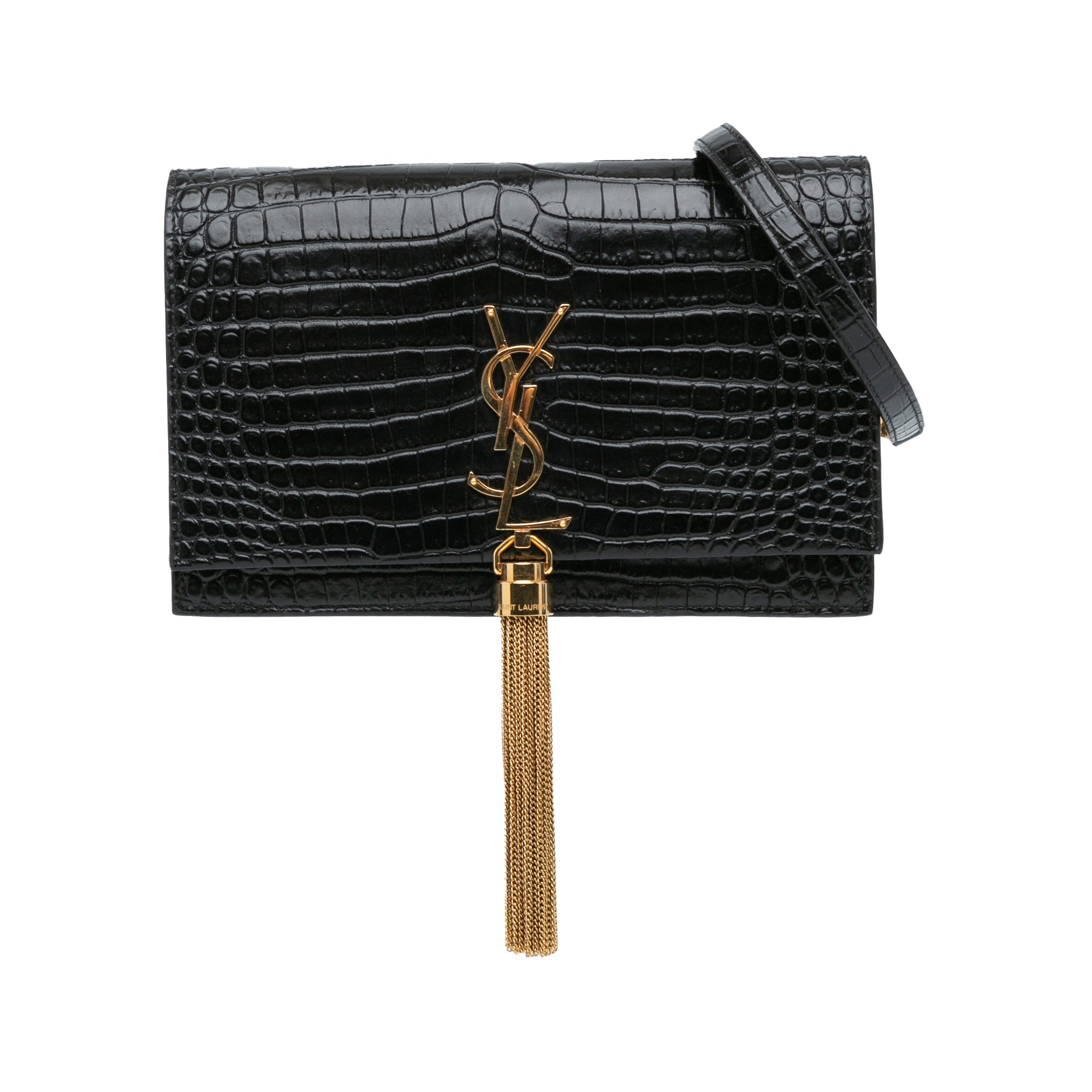 Small Croc Embossed Kate Tassel Wallet on Chain