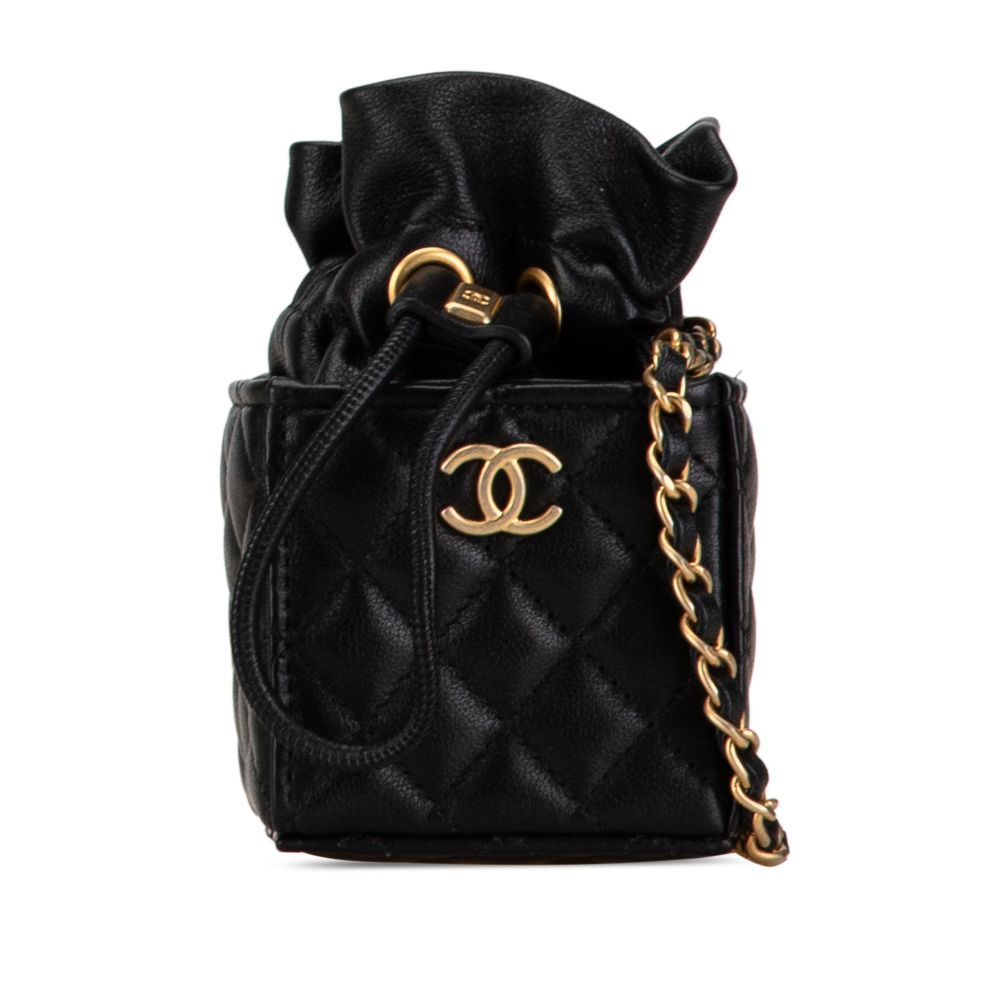 Micro CC Quilted Calfskin Drawstring Bucket Bag