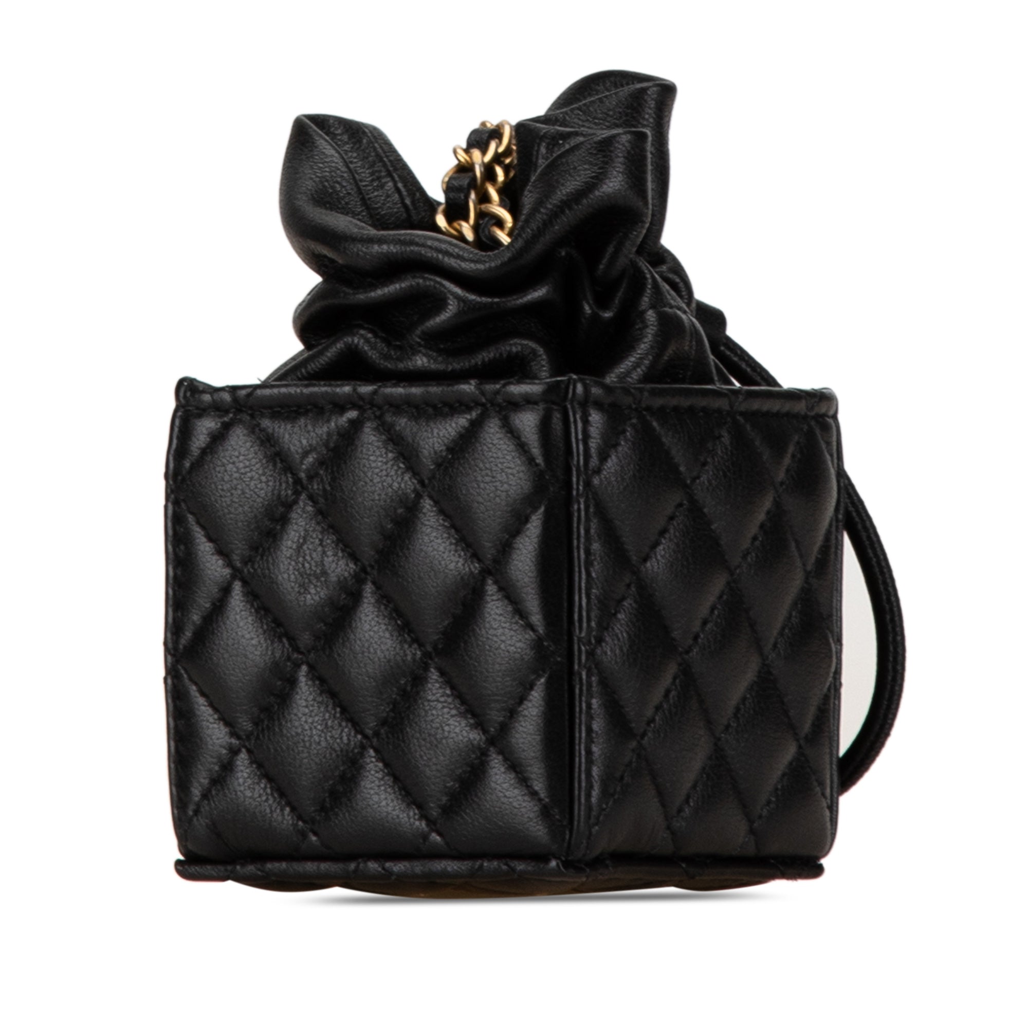 Micro CC Quilted Calfskin Drawstring Bucket Bag