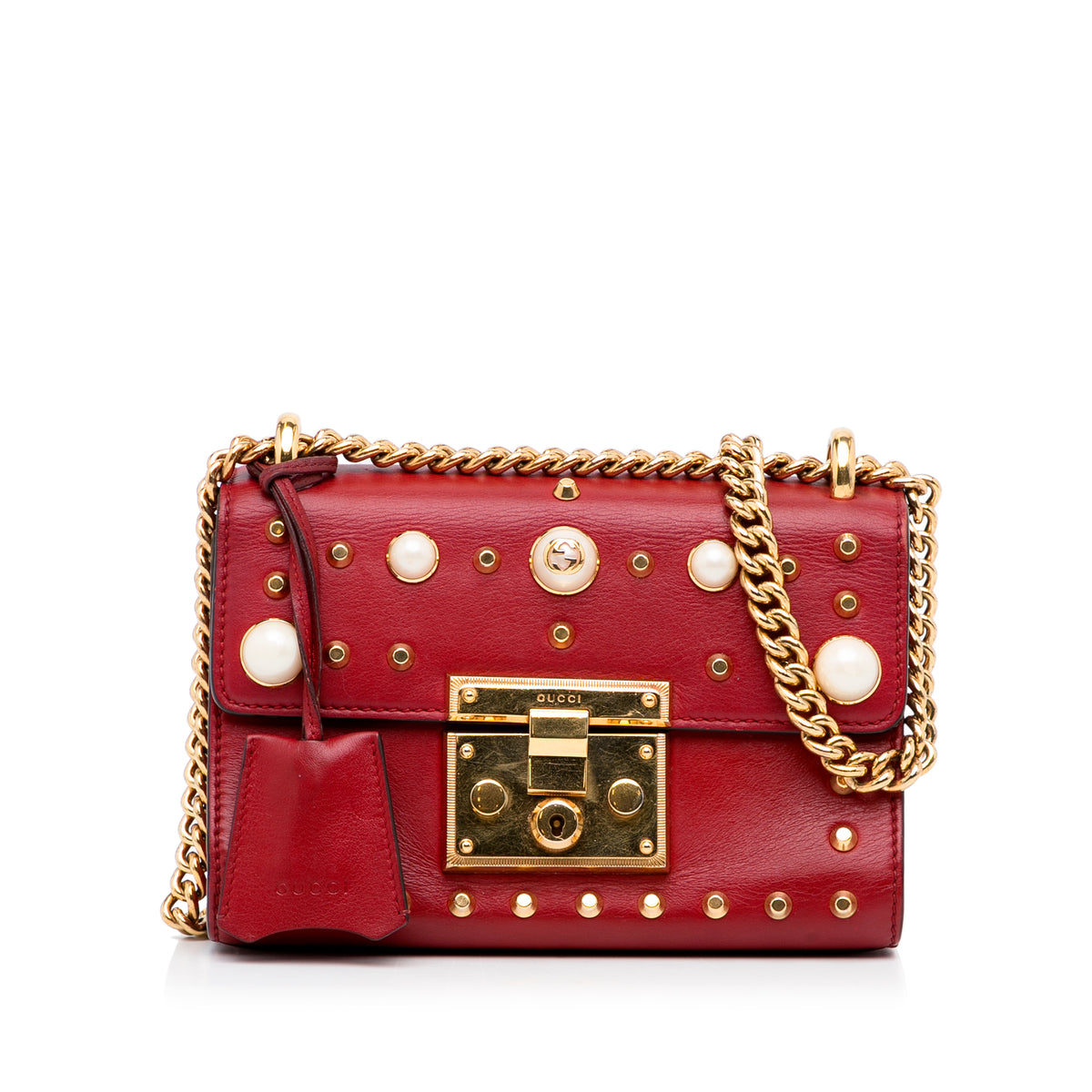 Small Leather Pearl Studded Padlock Crossbody Bag