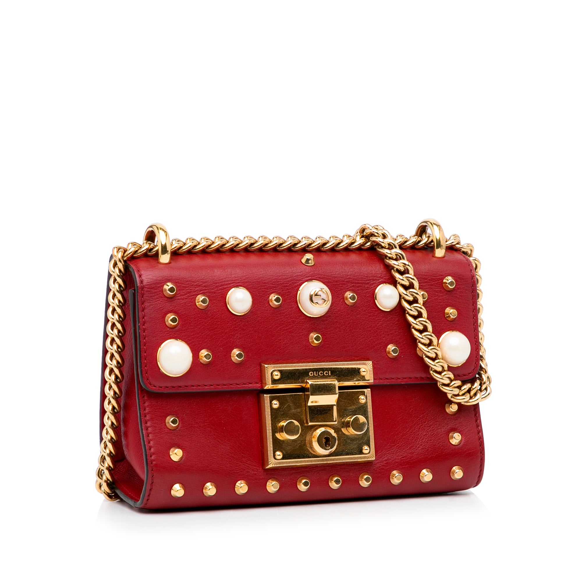 Small Leather Pearl Studded Padlock Crossbody Bag