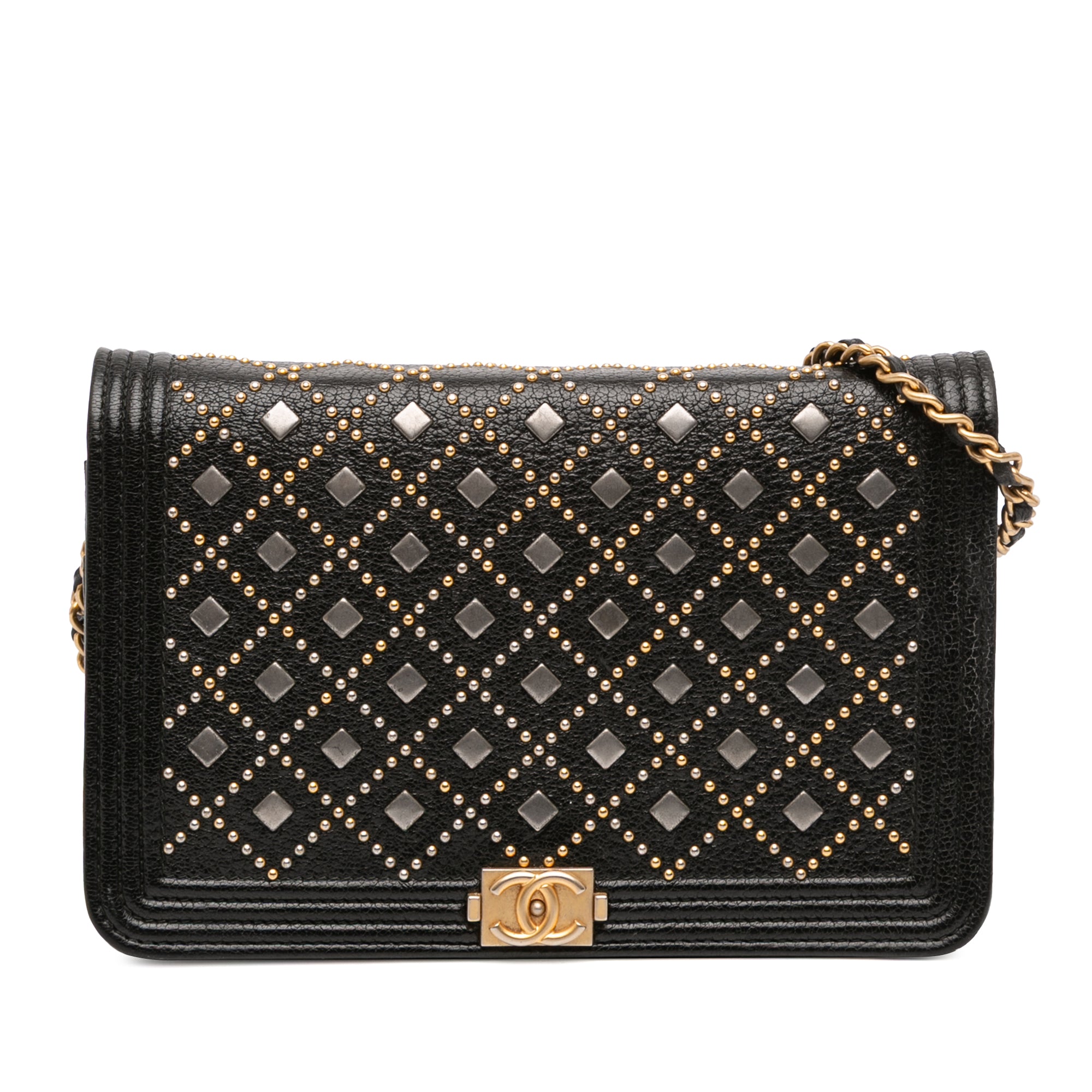 Studded Grained Calfskin Boy Wallet On Chain