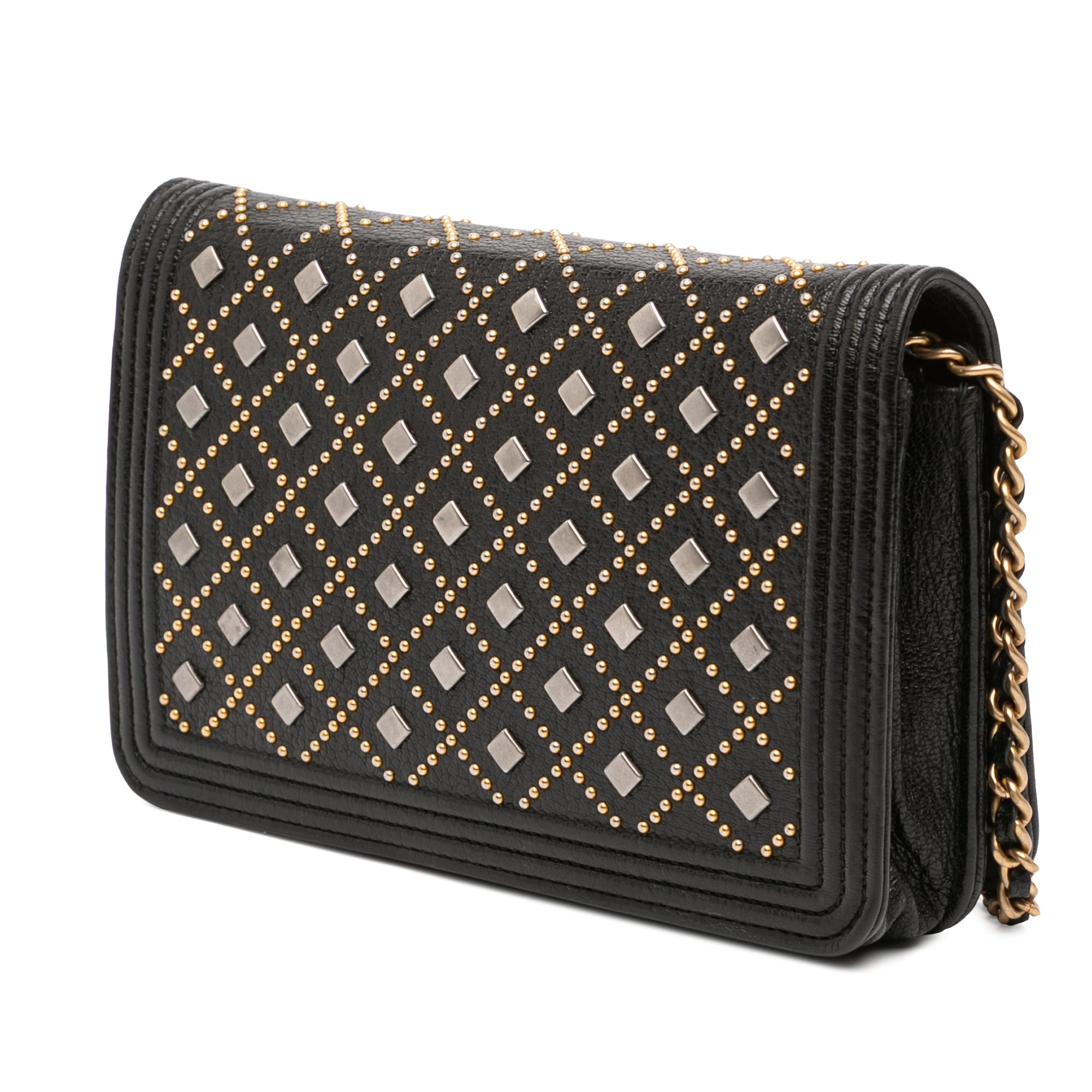 Studded Grained Calfskin Boy Wallet On Chain