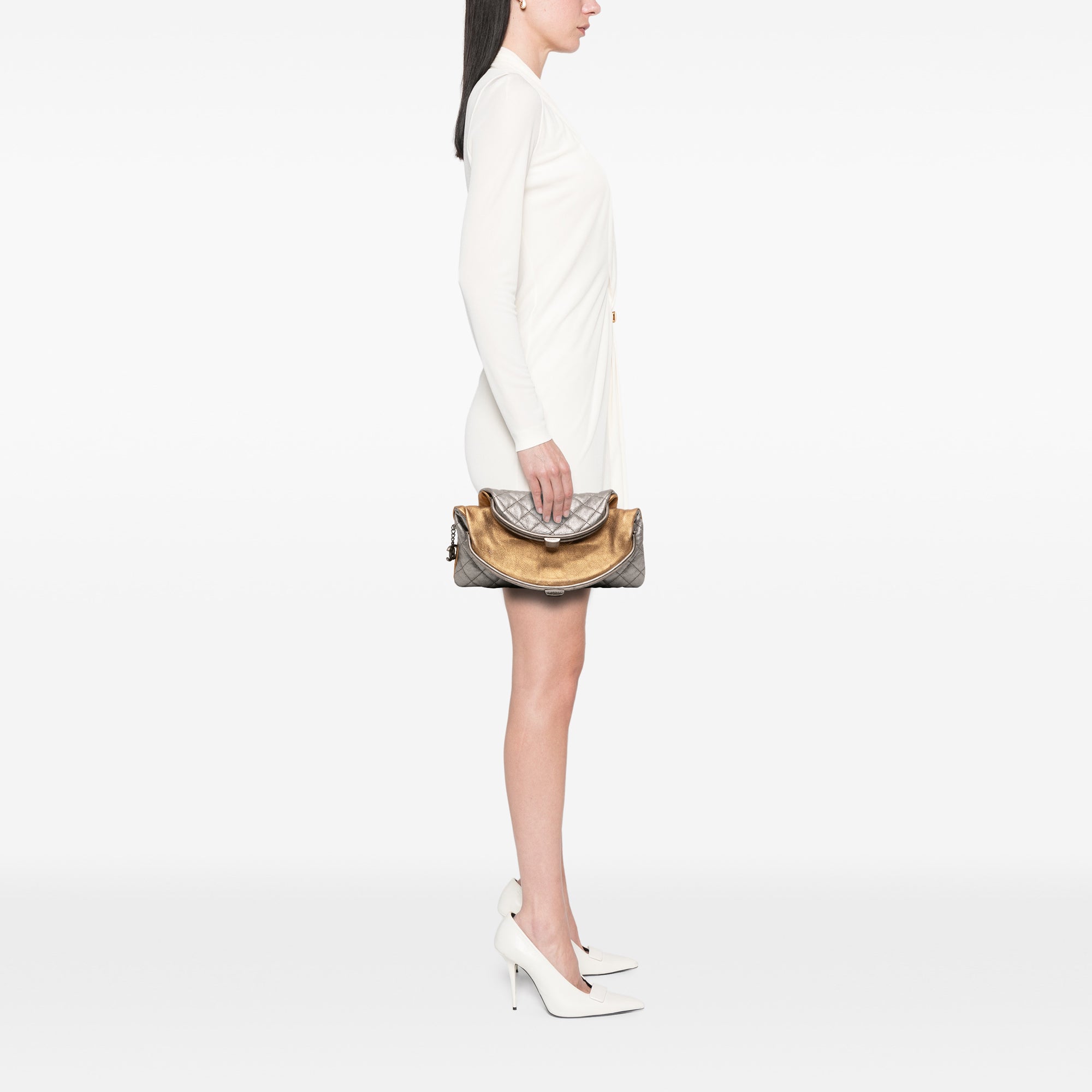 Quilted Metallic Goatskin Tabatiere Kisslock Foldover Clutch