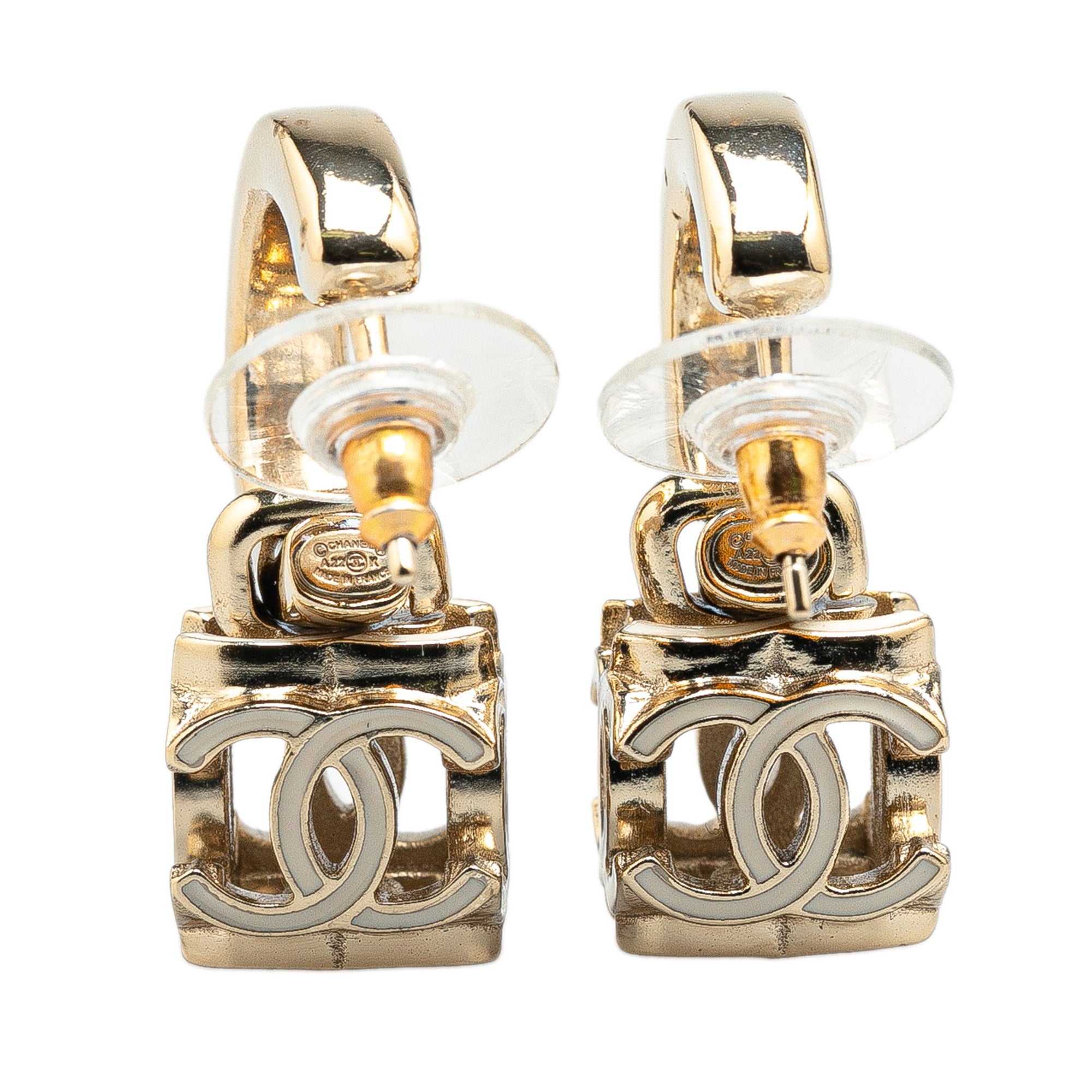 Gold Plated and Enamel CC Cube Drop Clip On Earrings