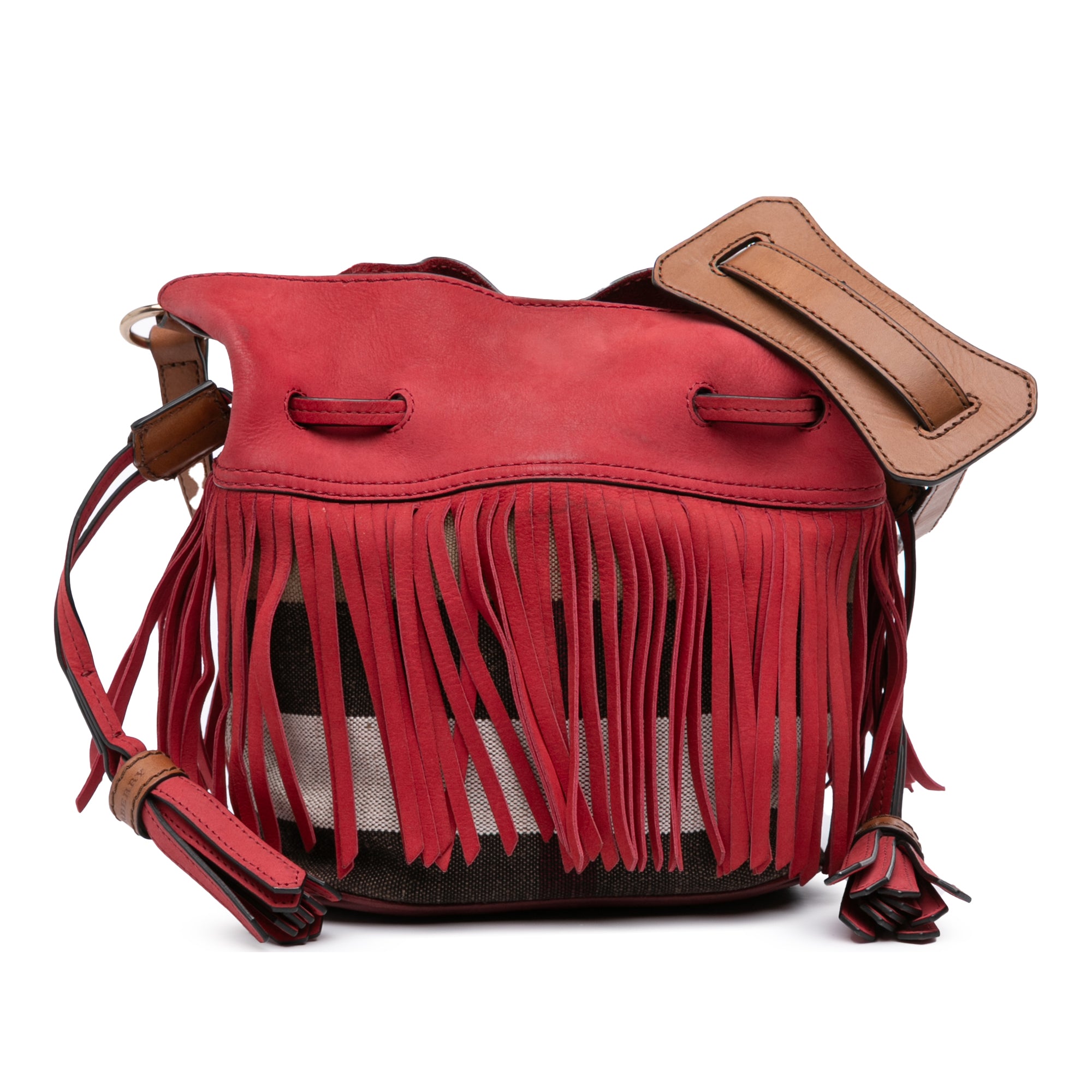 Small Mega Check Canvas and Suede Fringe Belgrove Bucket Bag