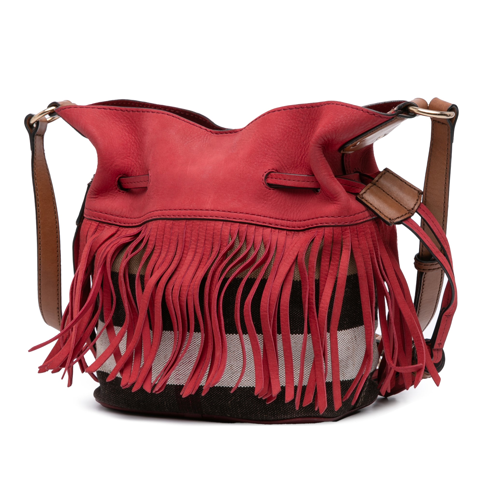 Small Mega Check Canvas and Suede Fringe Belgrove Bucket Bag
