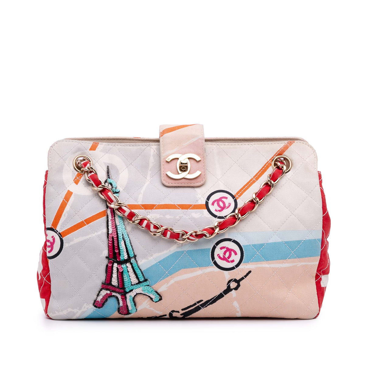 CC Printed Canvas Eiffel Tower Shoulder Bag
