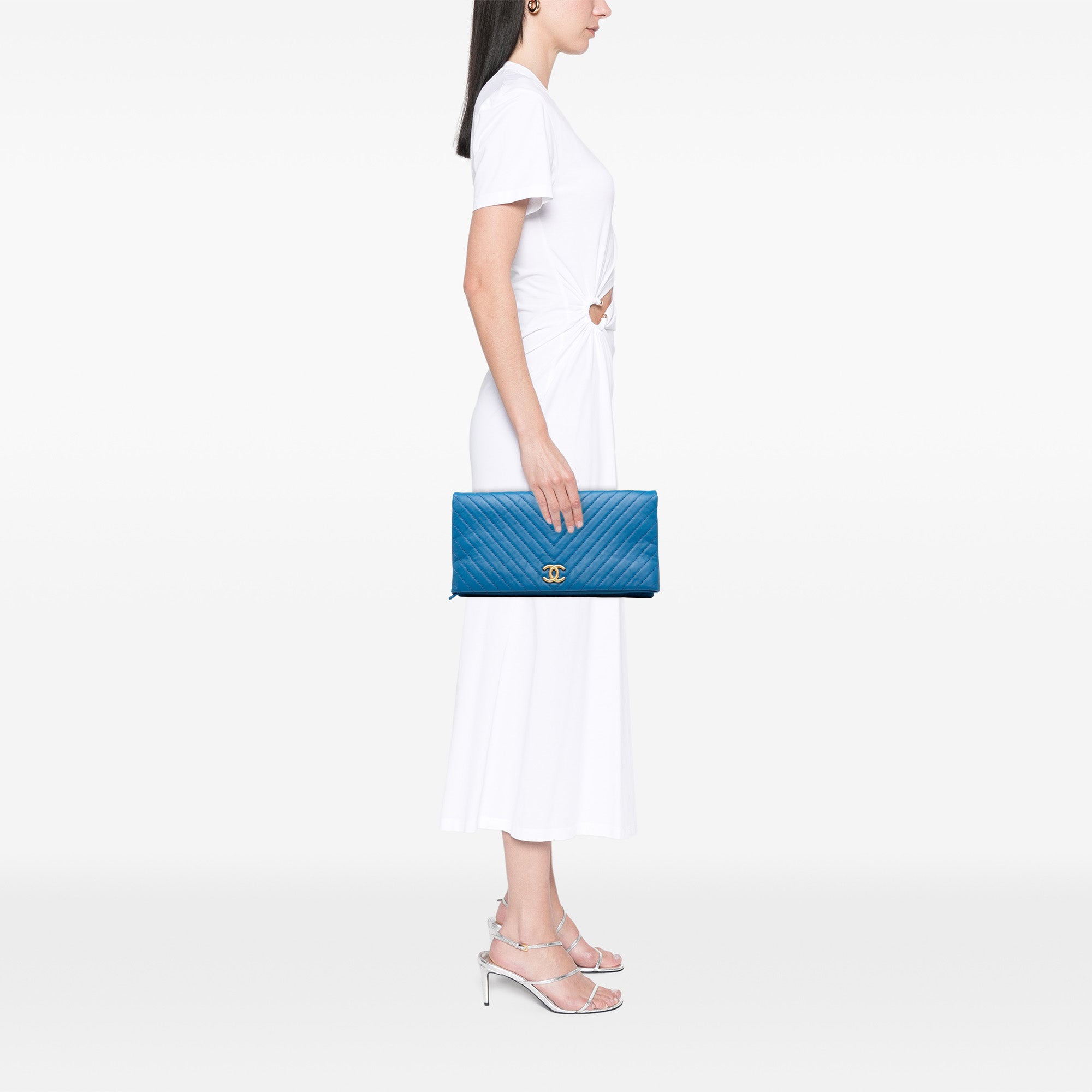 CC Chevron Lambskin Fold Over Clutch