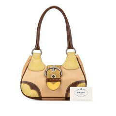 Suede Trimmed Leather Color Block Moon Shoulder Bag