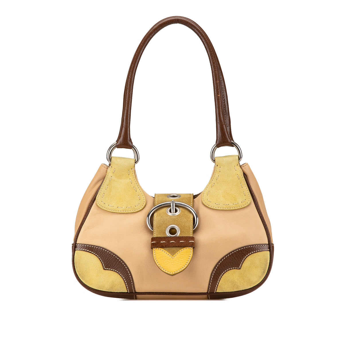 Suede Trimmed Leather Color Block Moon Shoulder Bag