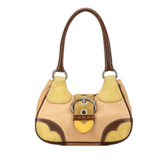 Suede Trimmed Leather Color Block Moon Shoulder Bag