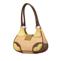 Suede Trimmed Leather Color Block Moon Shoulder Bag
