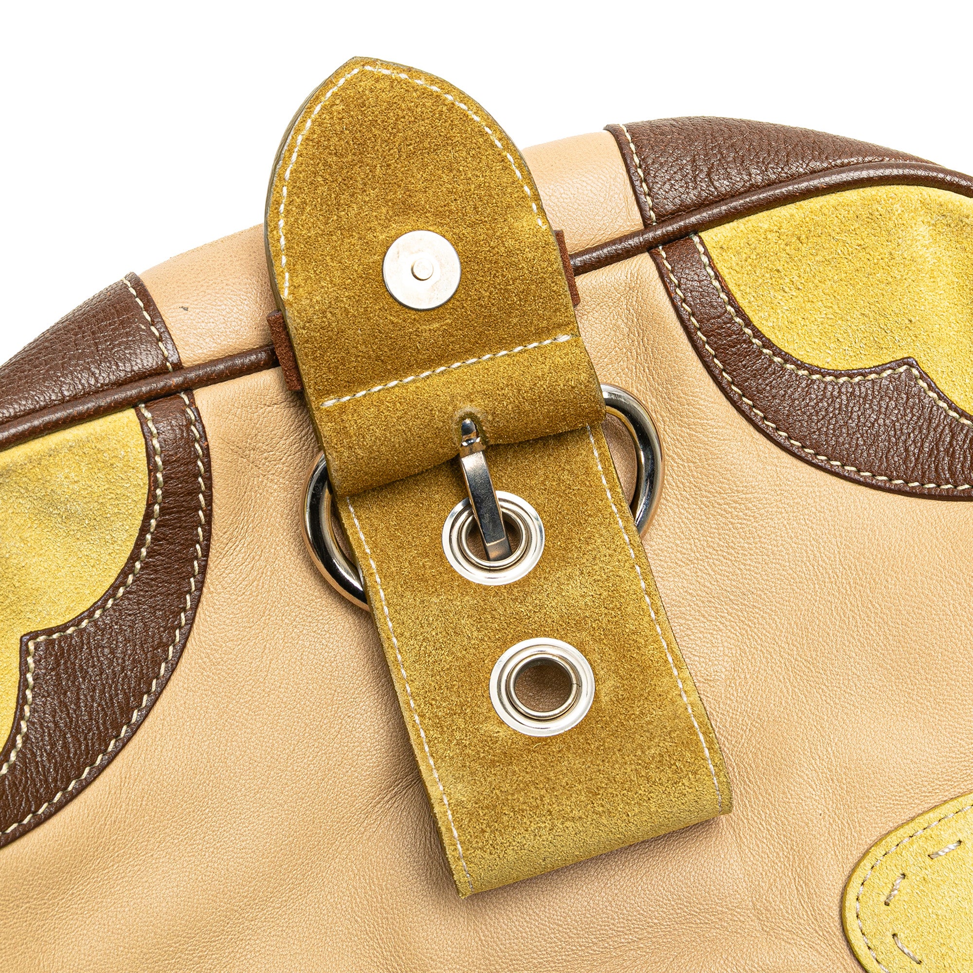 Suede Trimmed Leather Color Block Moon Shoulder Bag
