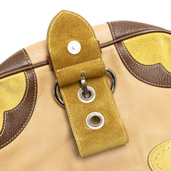 Suede Trimmed Leather Color Block Moon Shoulder Bag