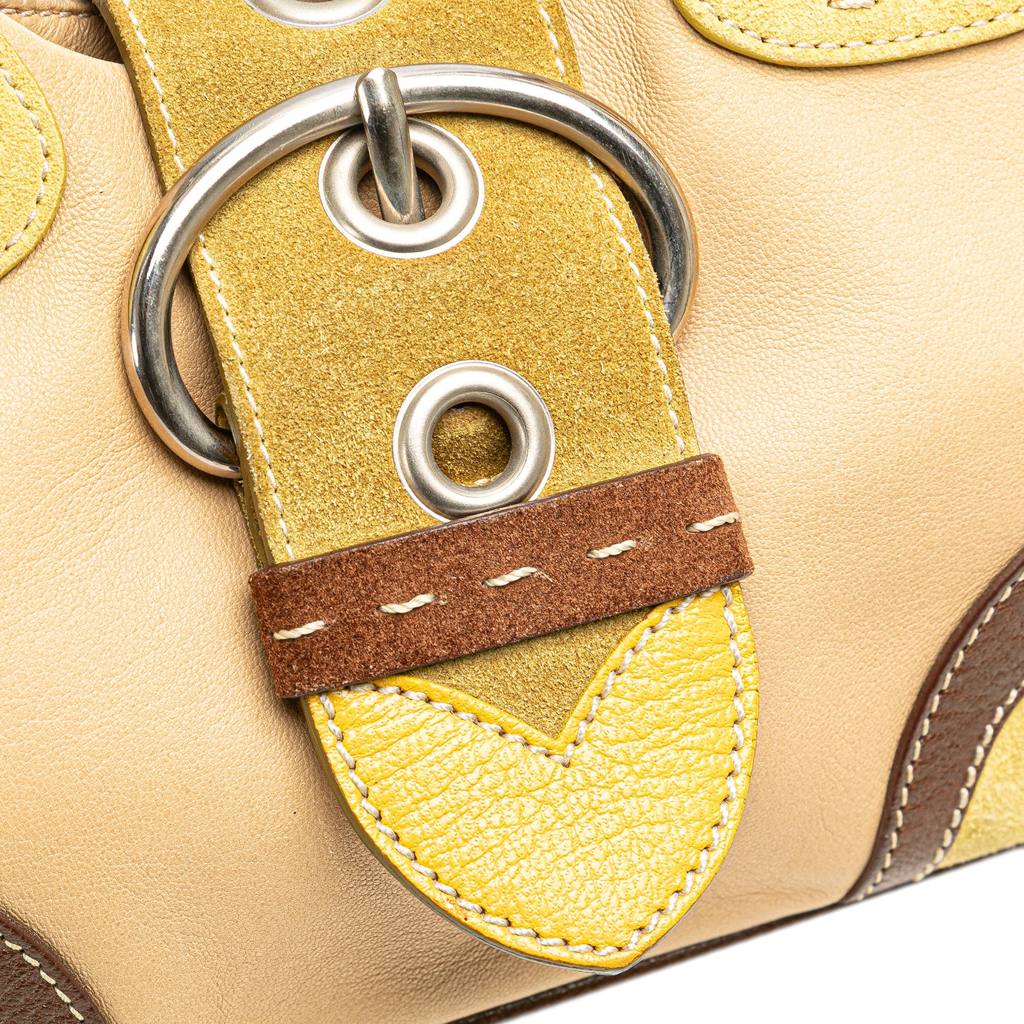 Suede Trimmed Leather Color Block Moon Shoulder Bag
