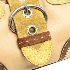 Suede Trimmed Leather Color Block Moon Shoulder Bag