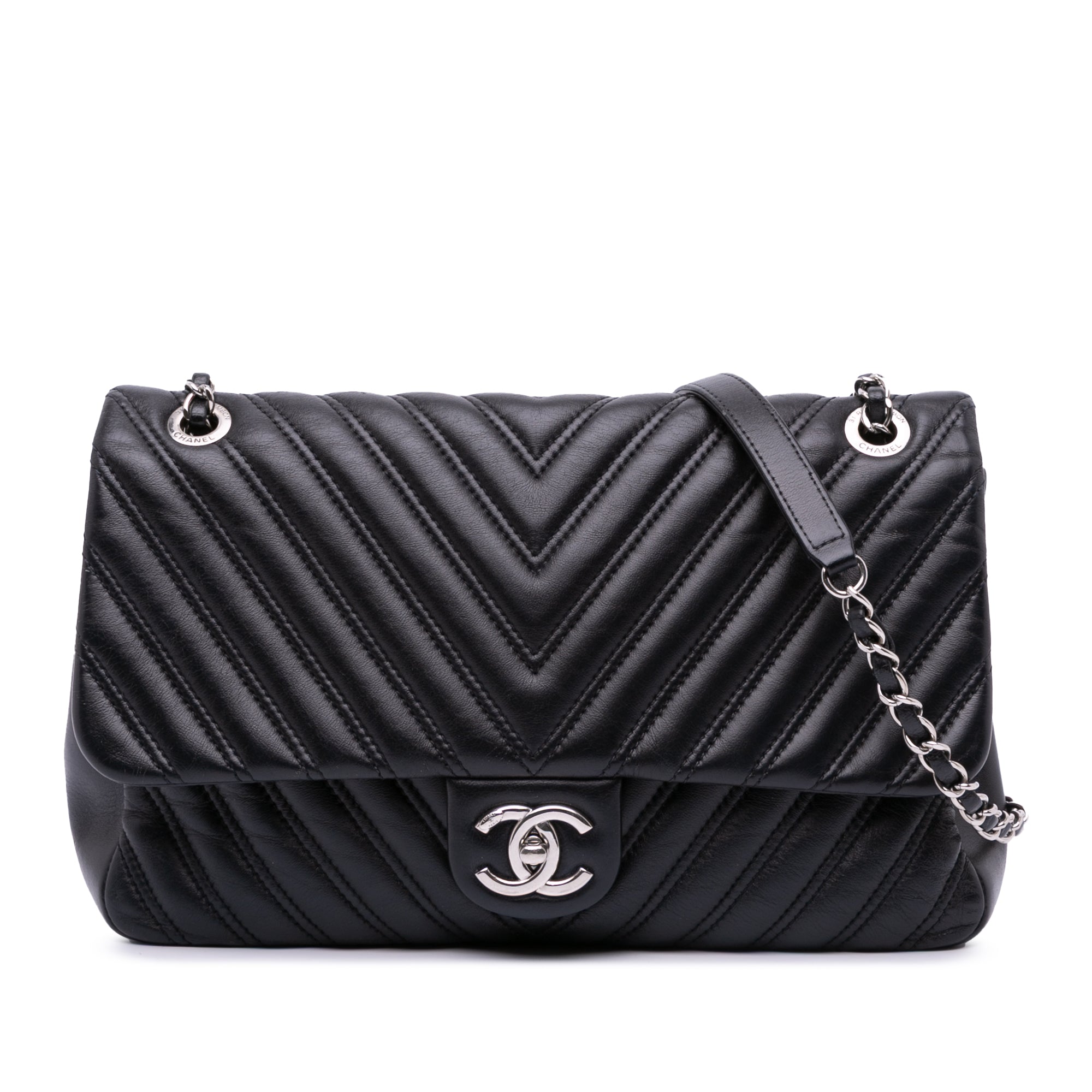 Jumbo Classic Chevron Lambskin Double Stitch Single Flap