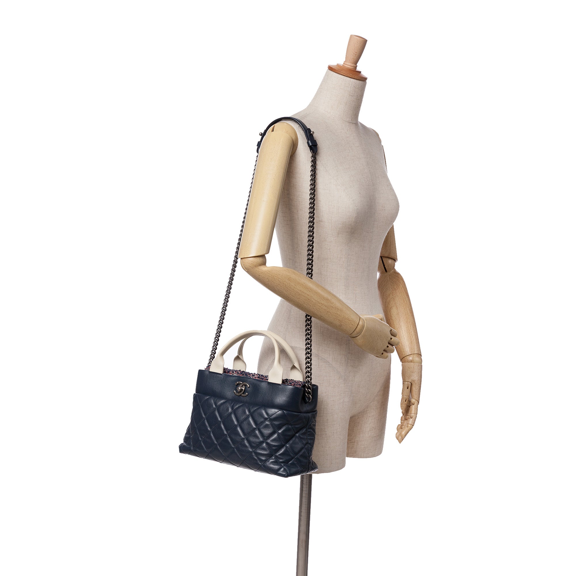 Small Quilted Calfskin and Tweed Top Handle Tote