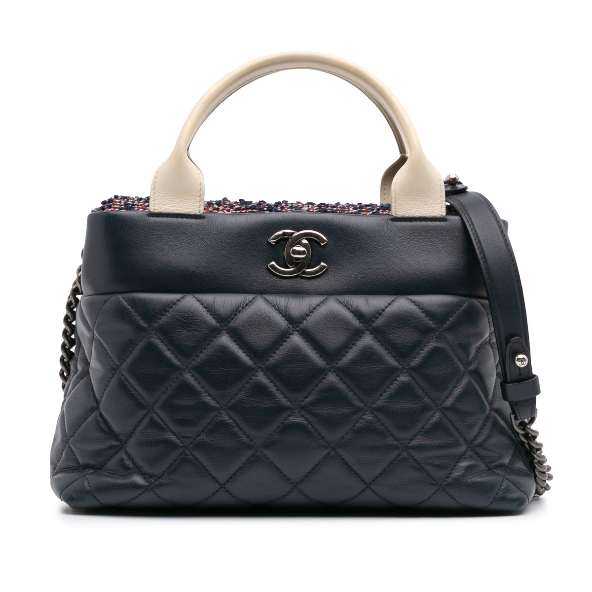 Small Quilted Calfskin and Tweed Top Handle Tote