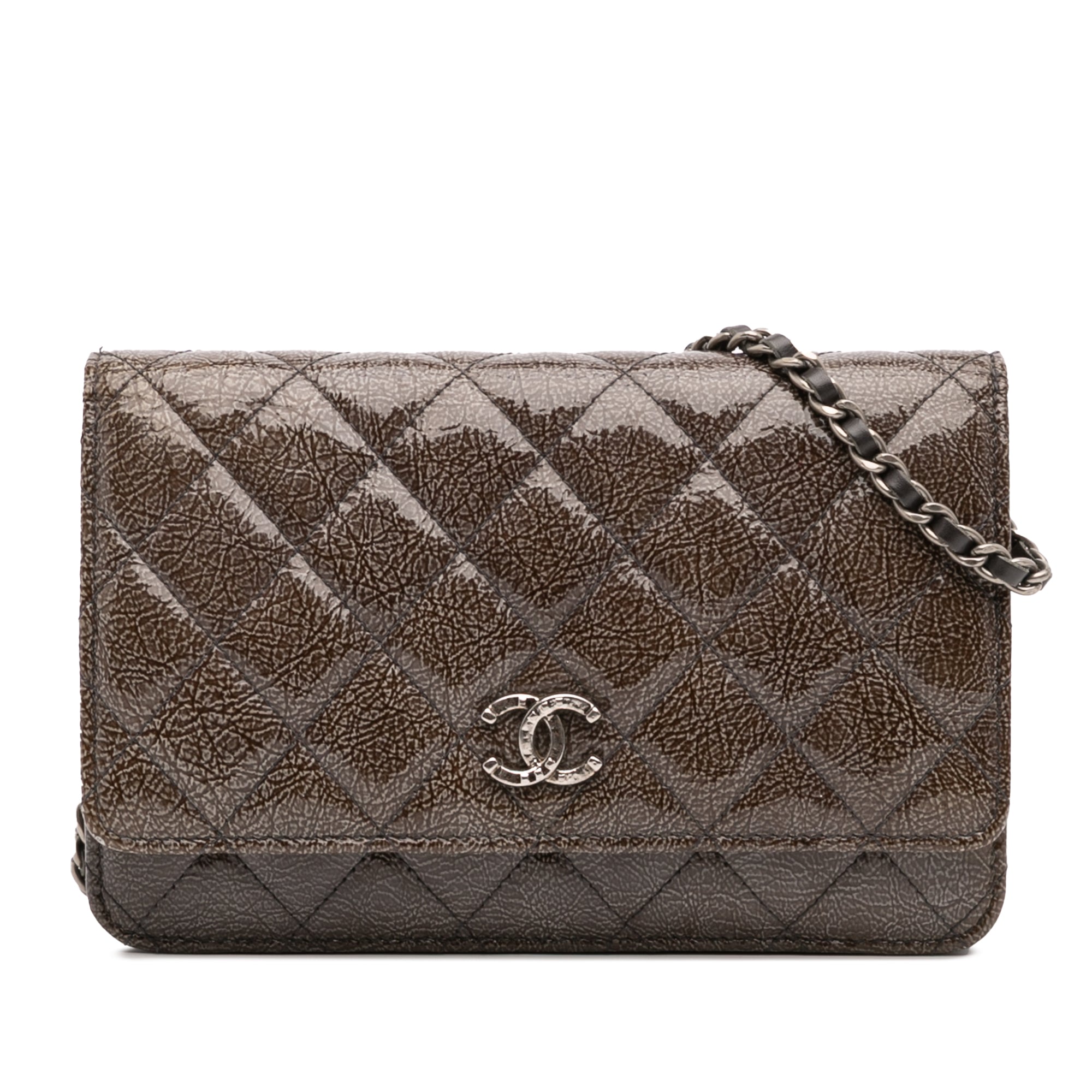 CC Quilted Shiny Crumpled Calfskin Wallet on Chain