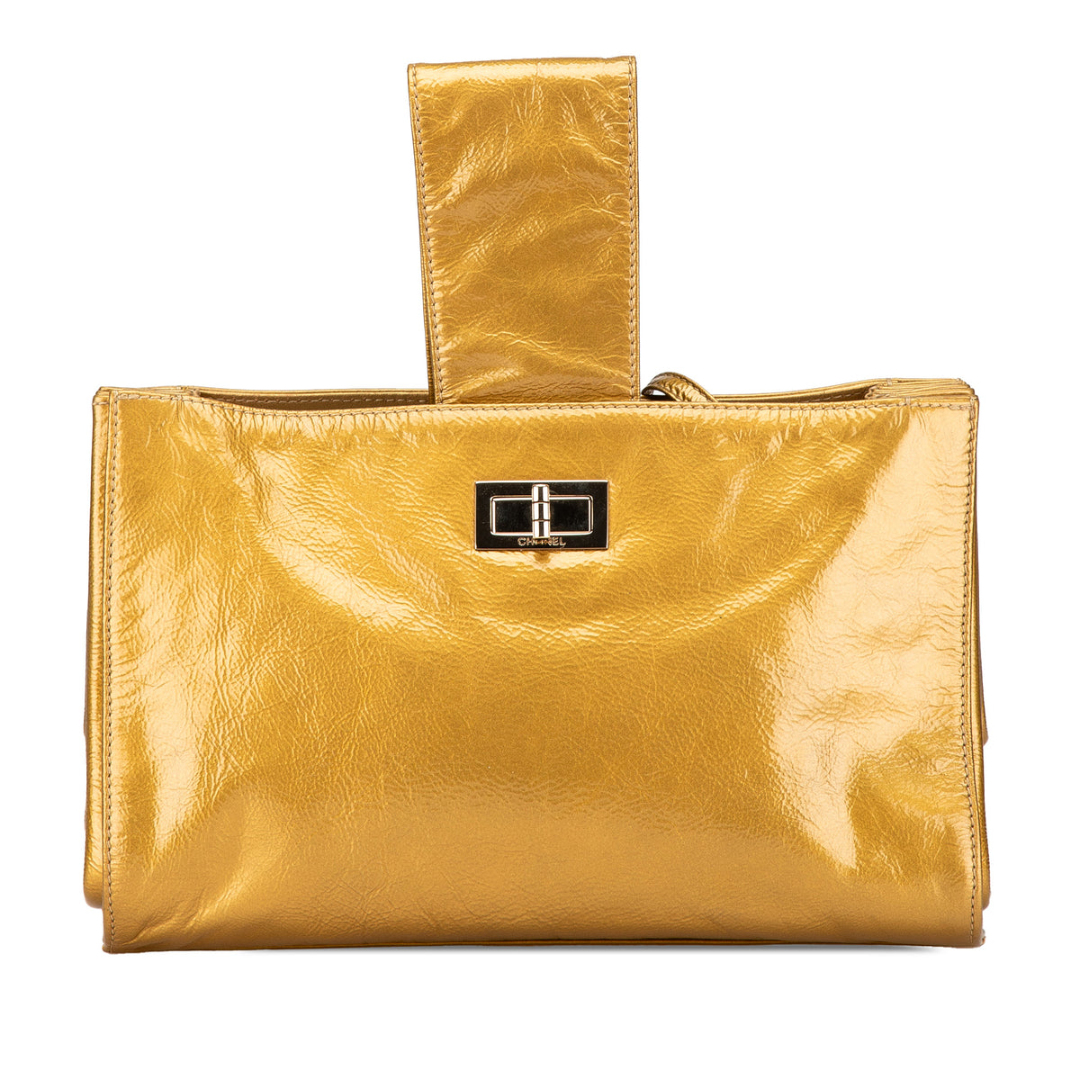 Metallic Patent Mademoiselle Lock Convertible Wrist Clutch Bag