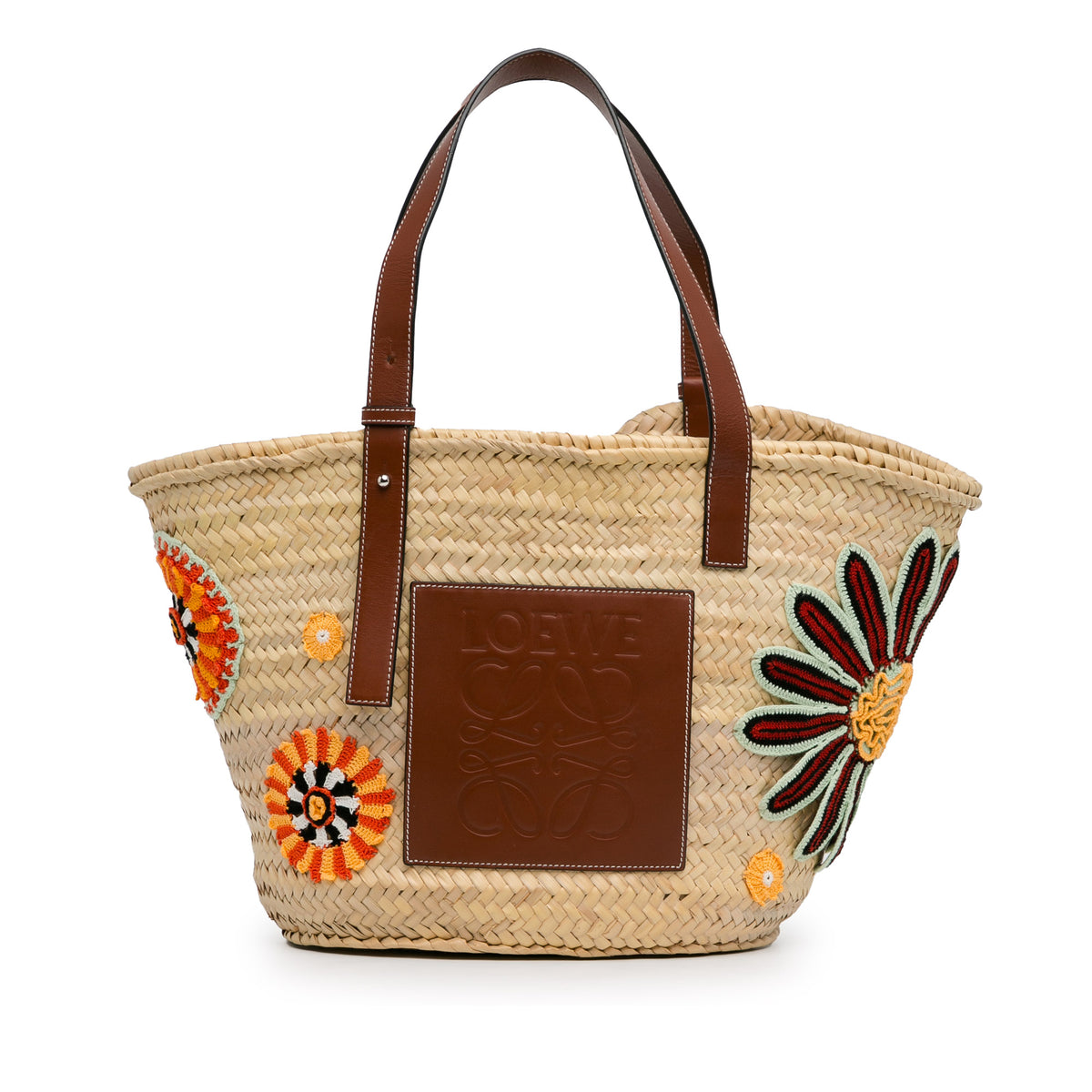 Large Floral Embroidered Raffia Basket Tote