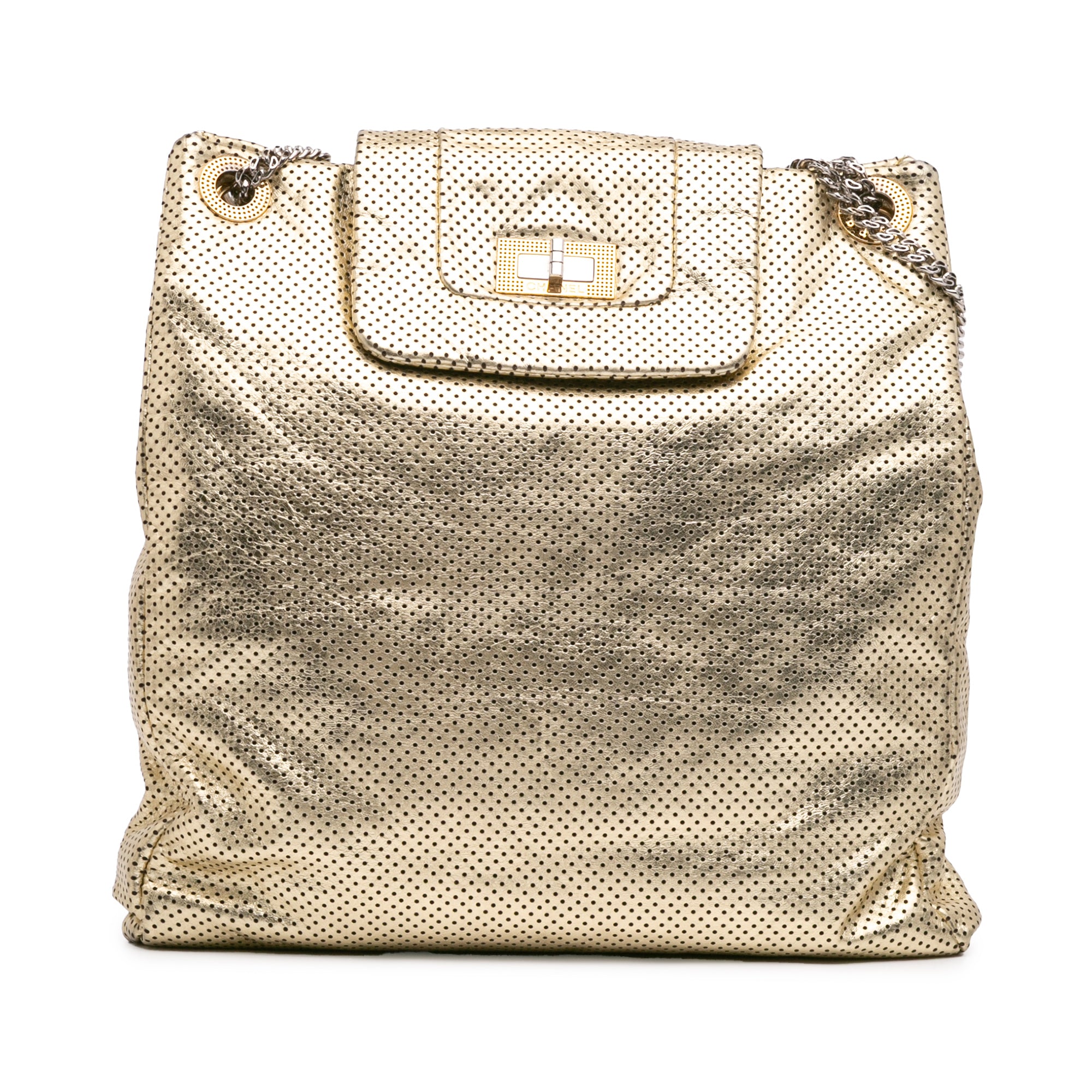 Perforated Crackled Metallic Calfskin Drill Tote