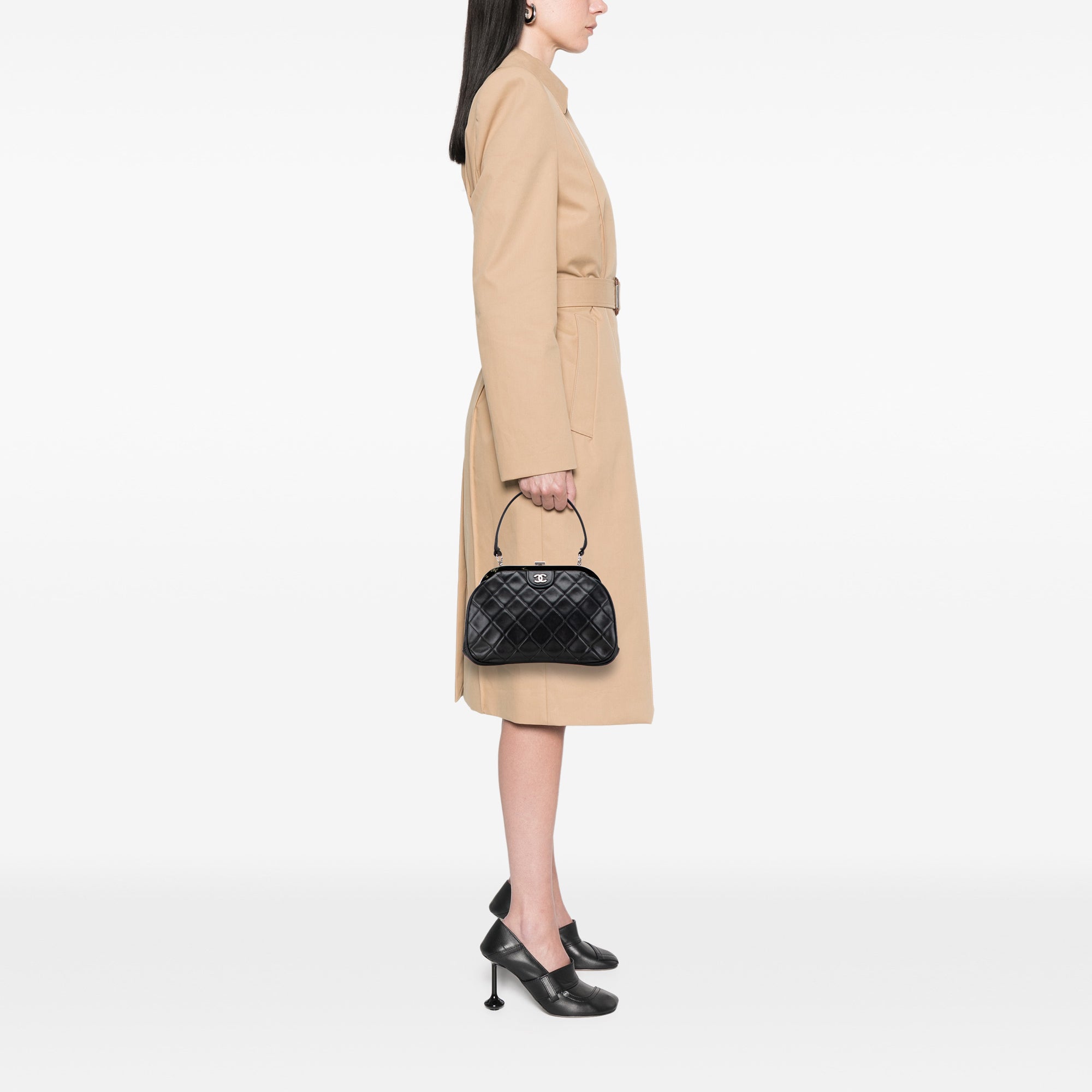 CC Quilted Lambskin Kiss Lock Frame Top Handle Bag