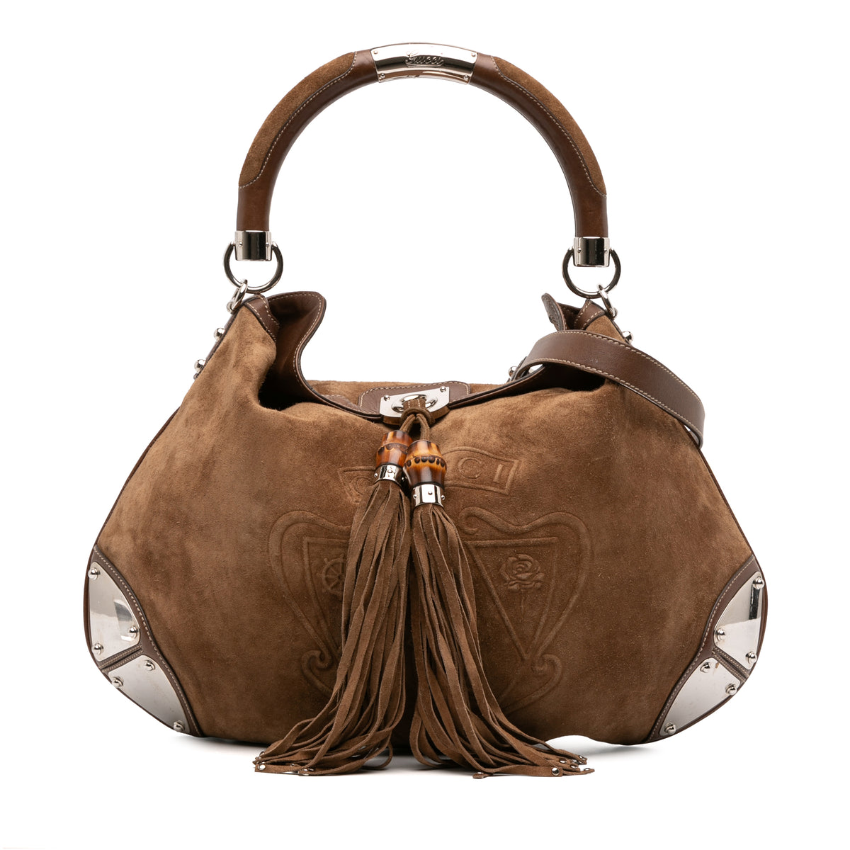 Large Crest Embossed Suede Indy Hobo
