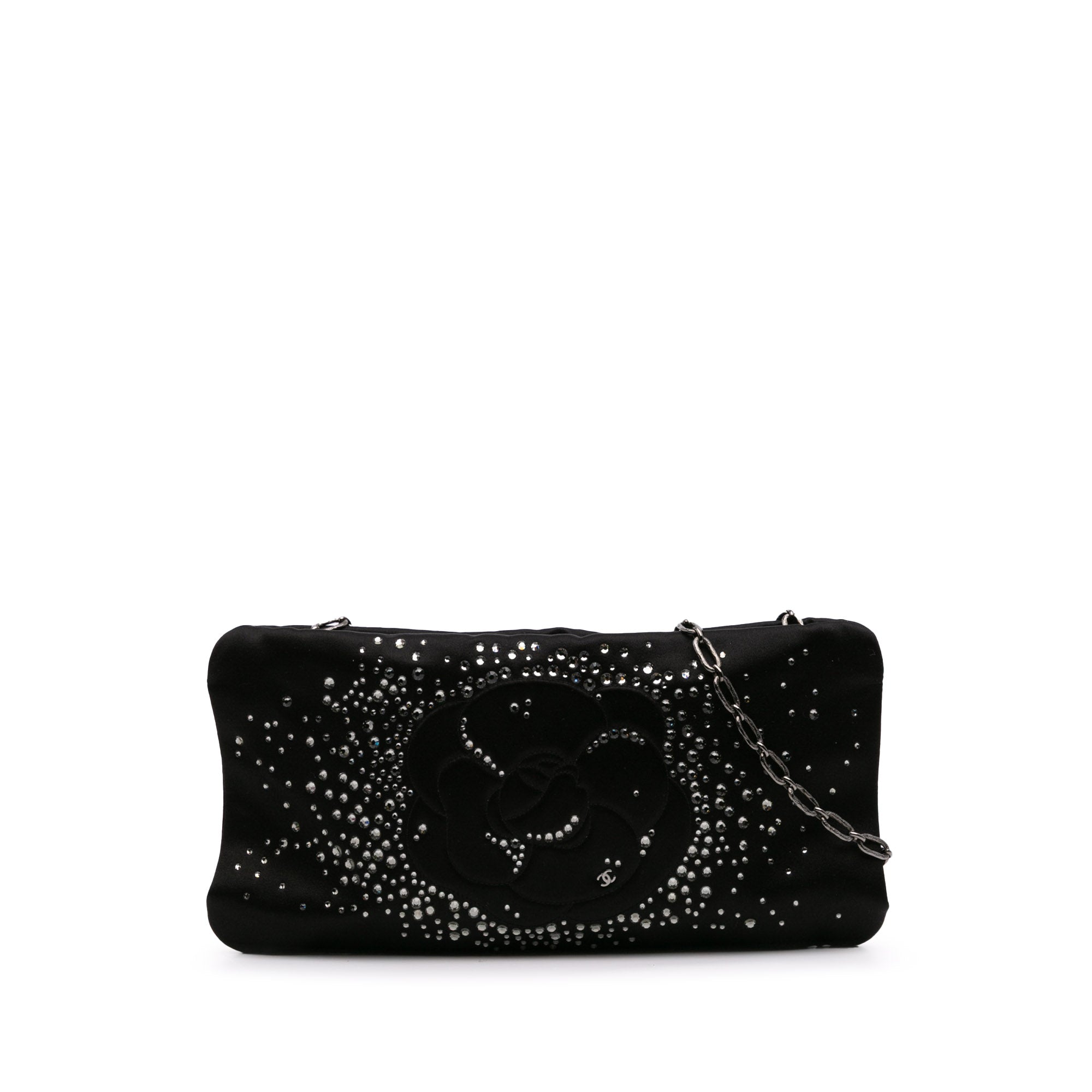 Satin Diamante Camellia Clutch with Chain